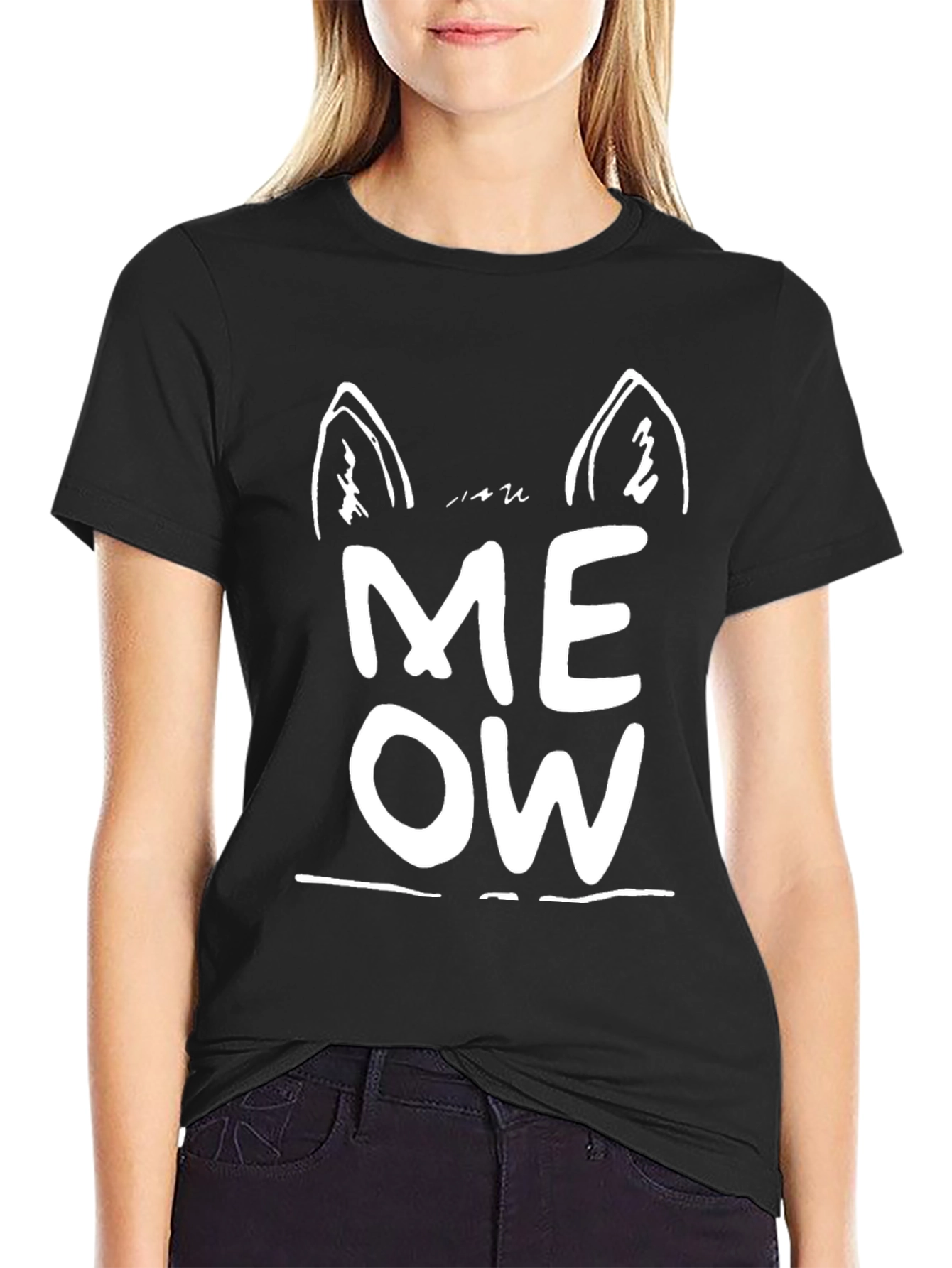 Black Meow Cat Ear Graphic Tee - Black Unisex T-Shirt view 2