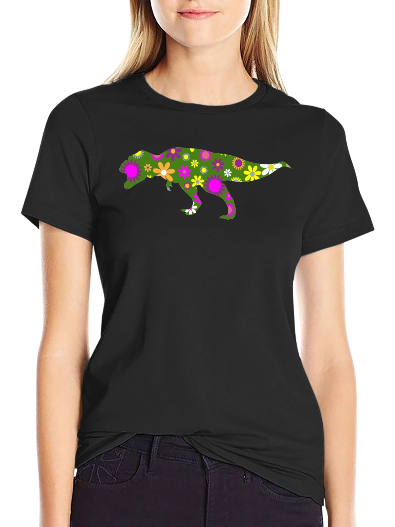 Black Floral Dinosaur Graphic T-Shirt view 2