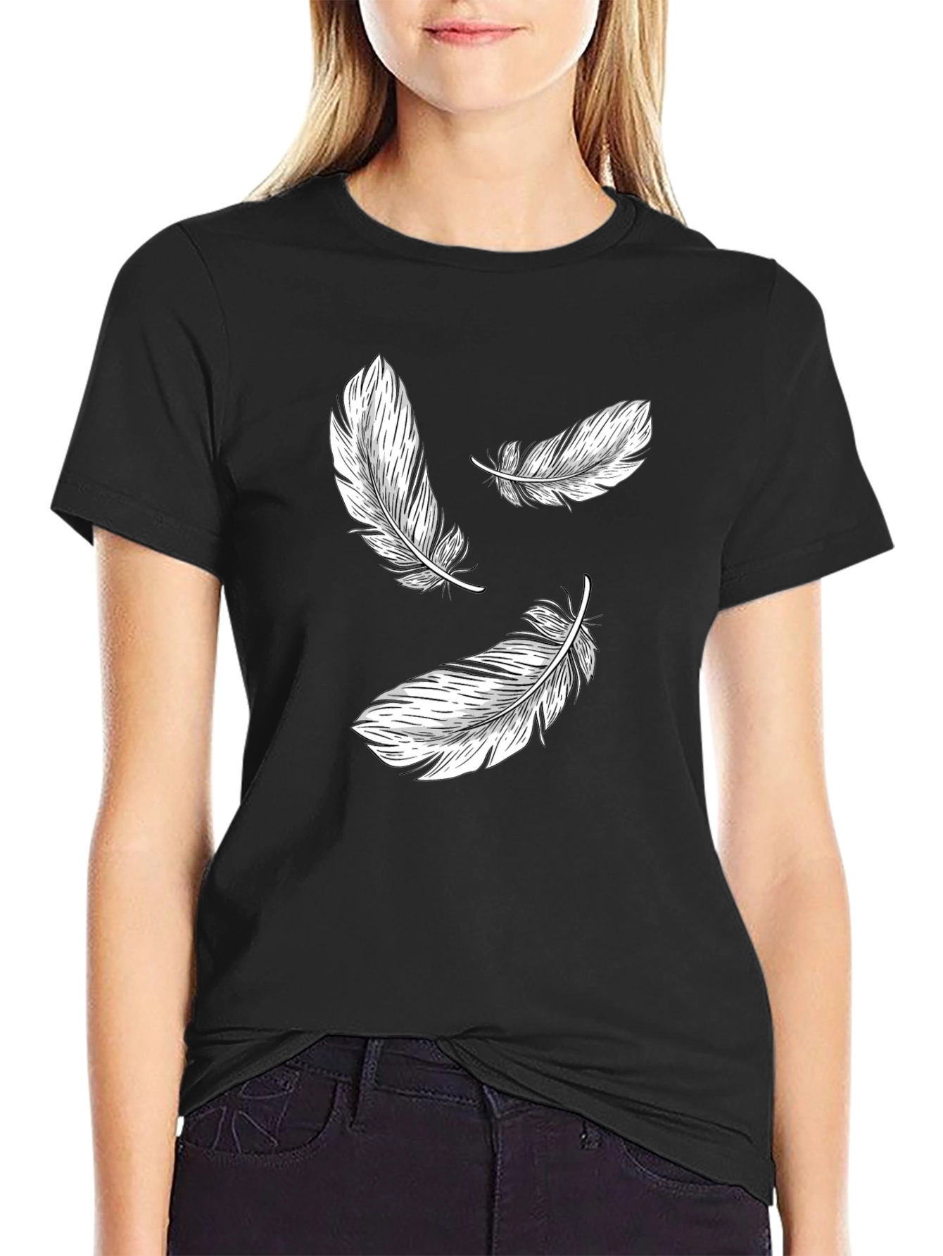 Black Feather Print Black T-Shirt view 2