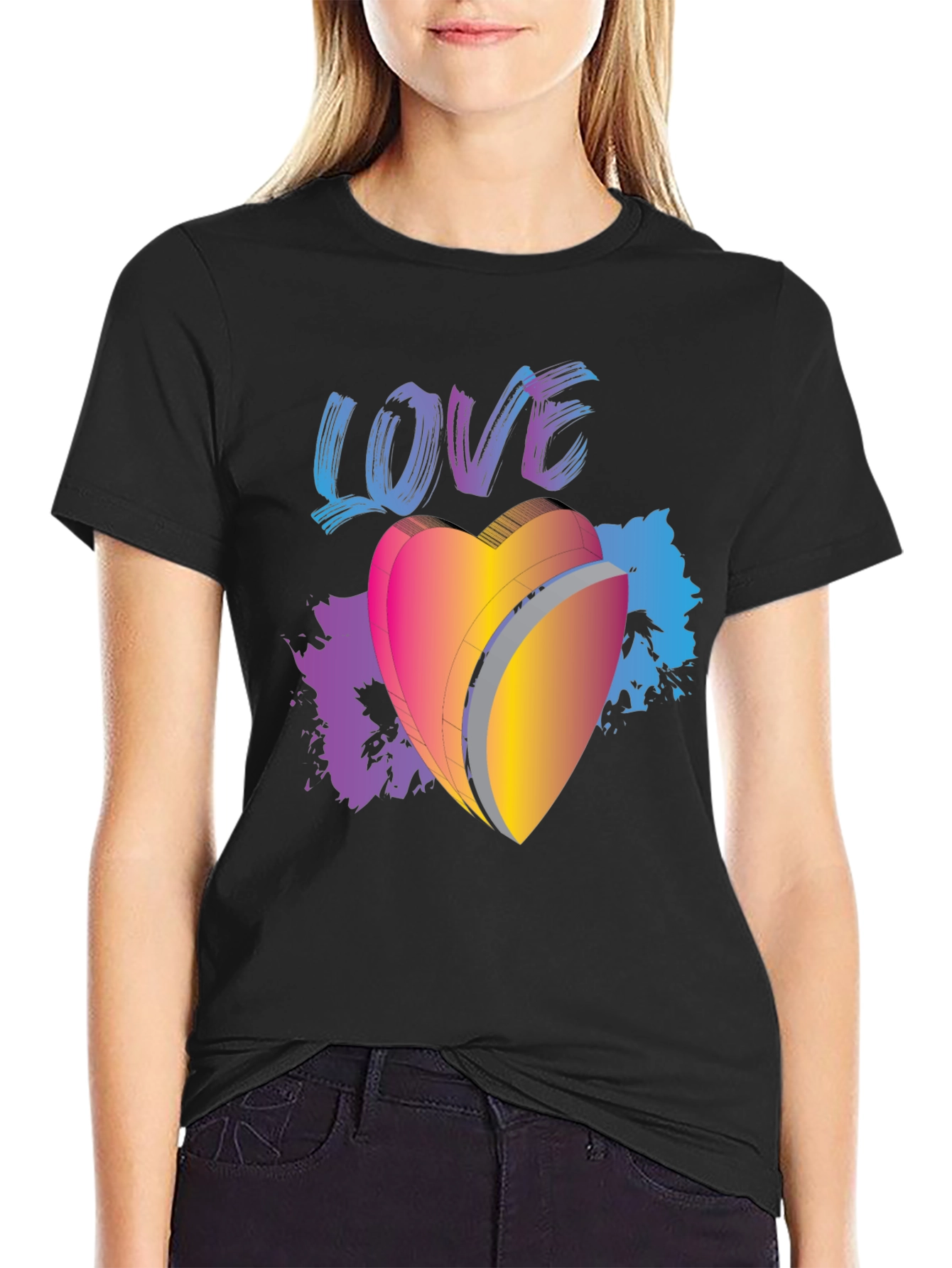 Black Love Heart Graphic Black T-Shirt view 2