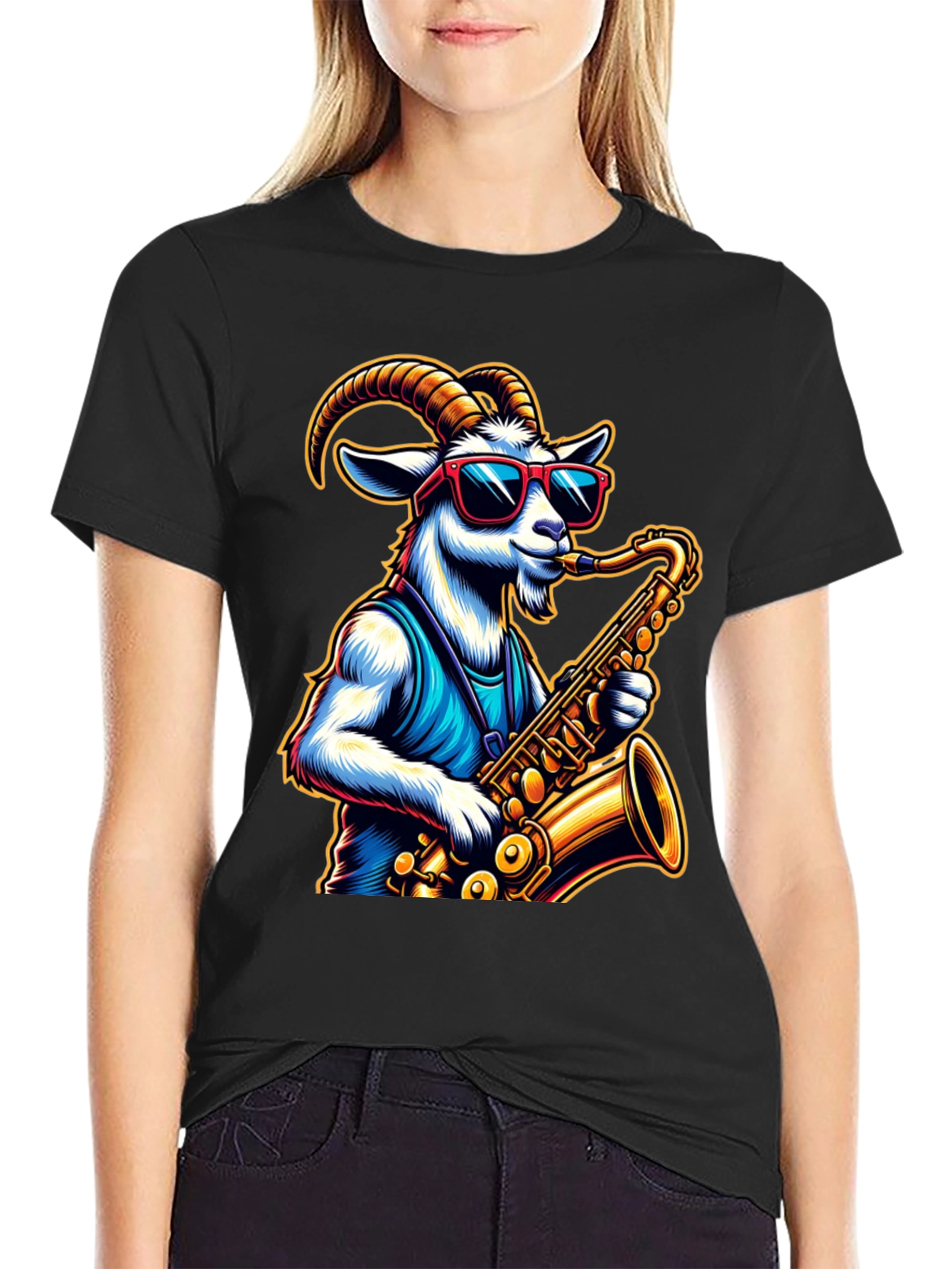 Black Cool Goat Saxophone Player Graphic Tee view 2