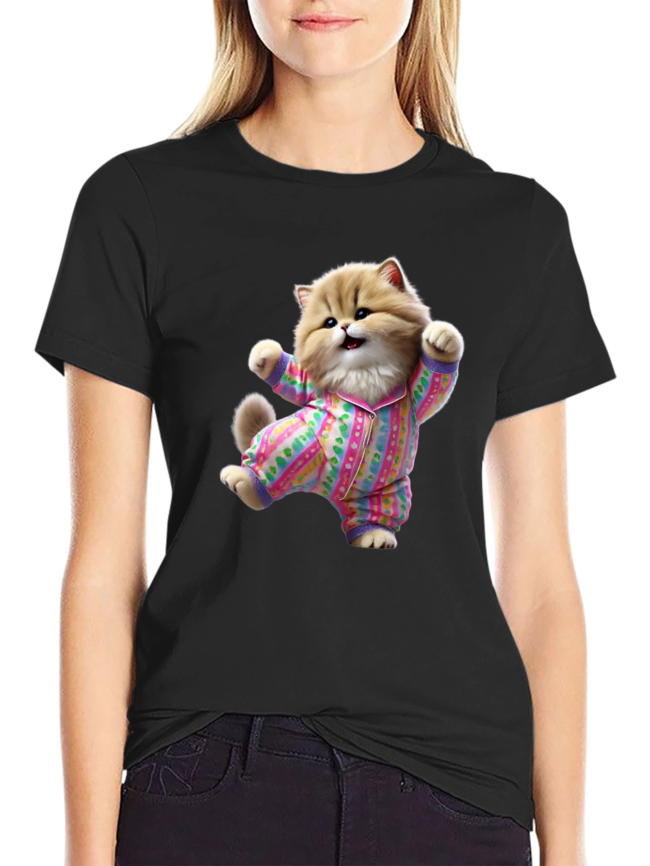 Black Cute Cat Pajamas T-Shirt - Fun Novelty Tee view 2