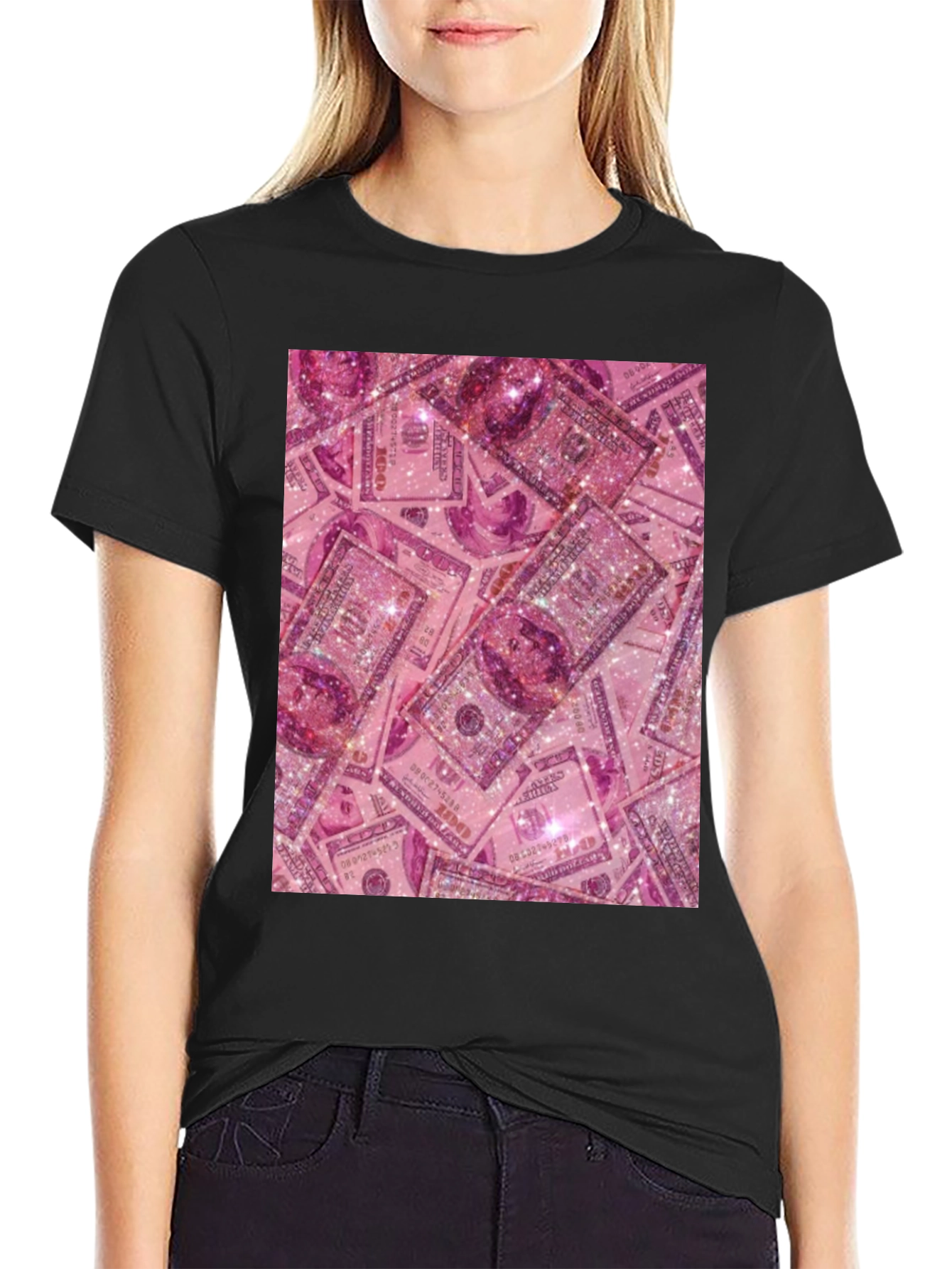 Black Pink Money Graphic Tee - Novelty Black T-Shirt view 2