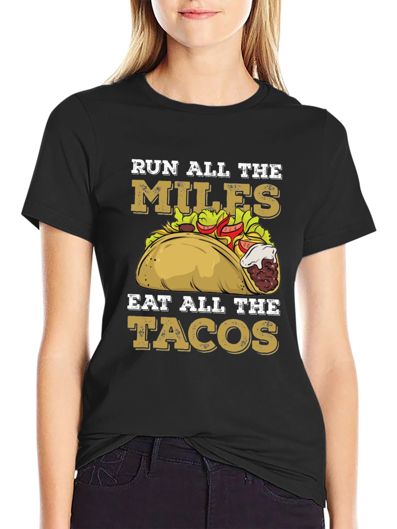 Black Run All The Miles Eat All The Tacos Graphic Tee view 2