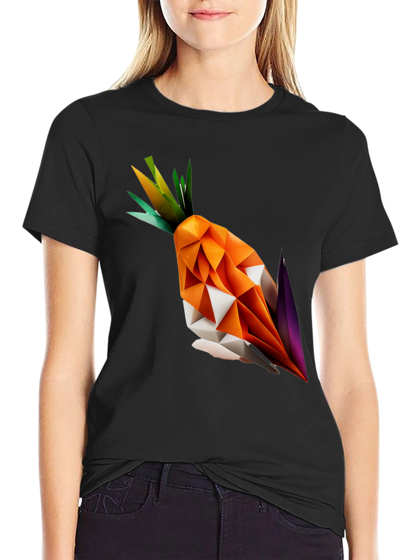 Black Geometric Origami Carrot Black T-Shirt view 2