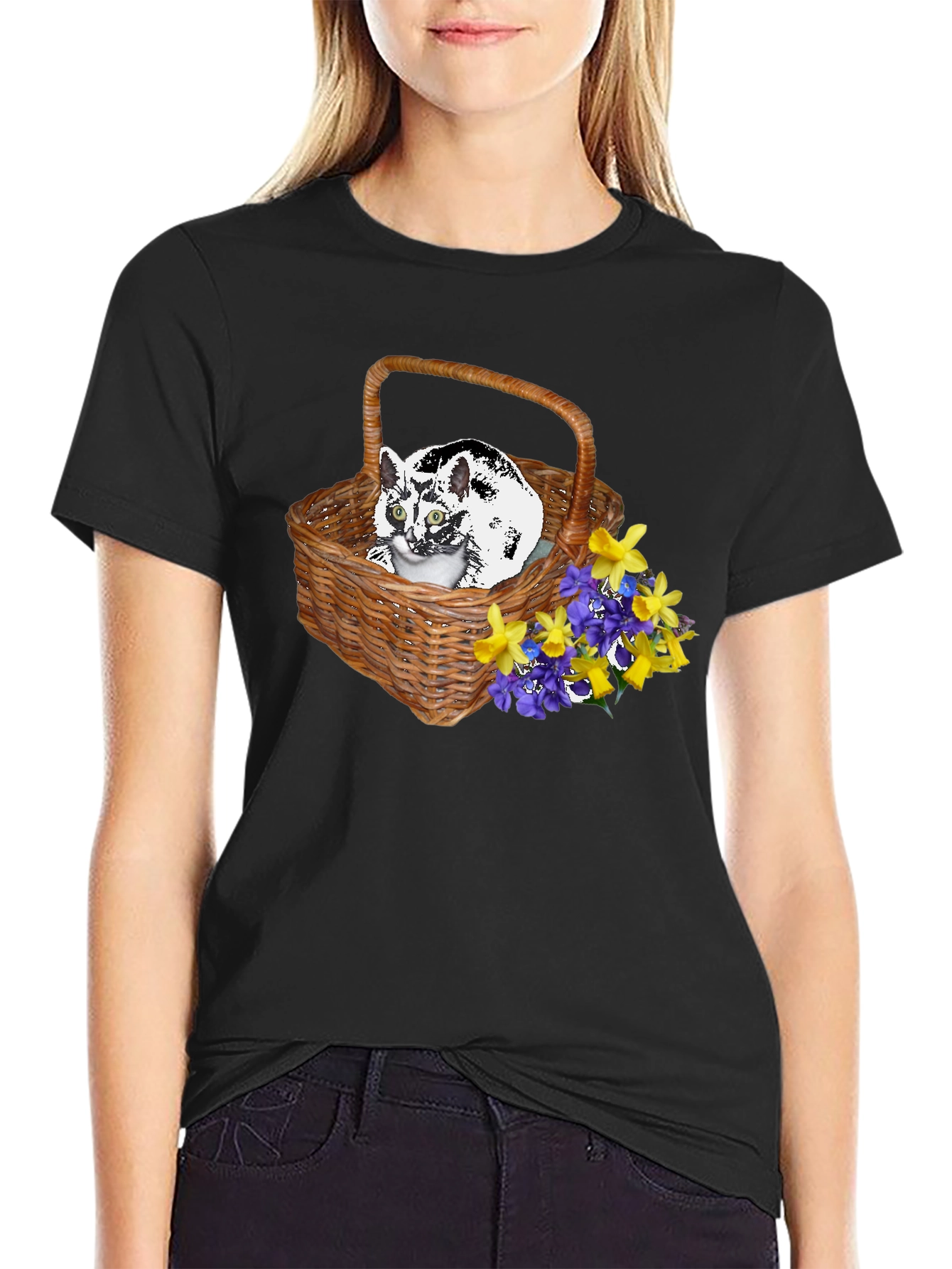 Black Cat in Basket Tee - Floral Accent view 2