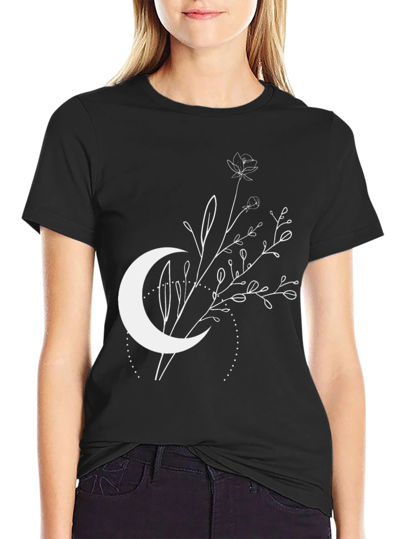 Black Moon & Floral Graphic T-Shirt - Stylish Casual Wear view 2
