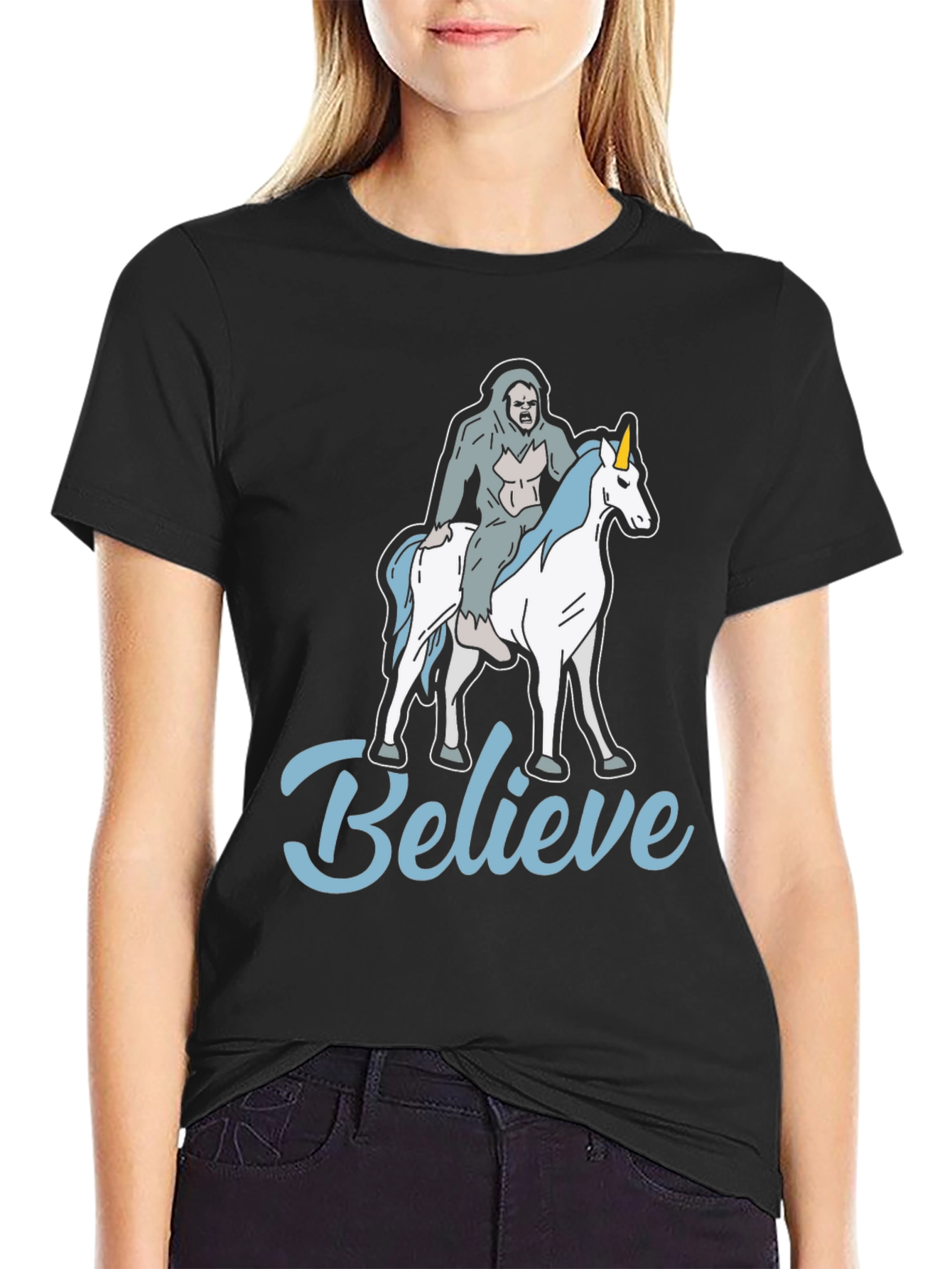 Black Believe Bigfoot Unicorn T-Shirt Funny Graphic Tee view 2