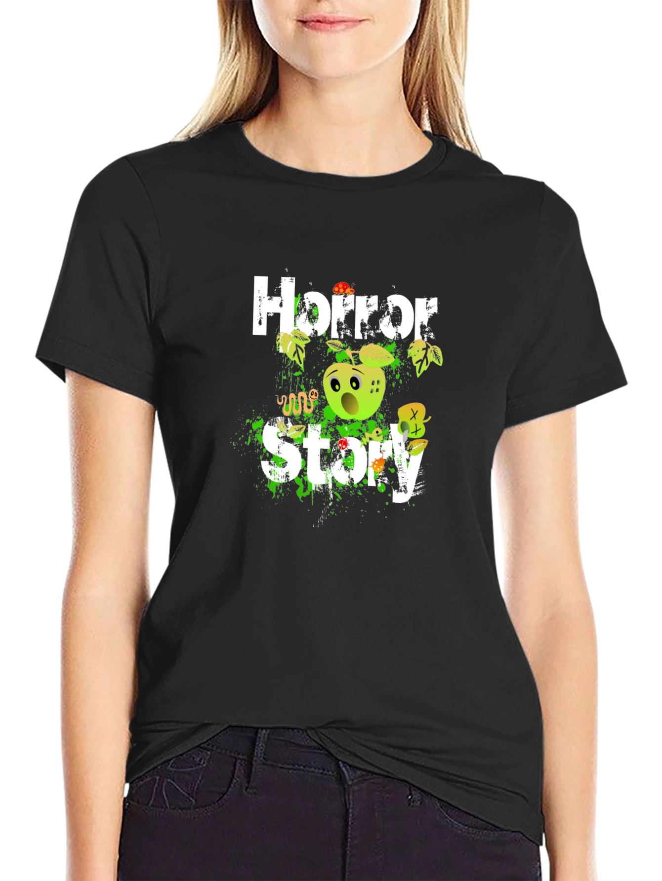 Black Horror Story Graphic Tee - Creepy Apple Design view 2
