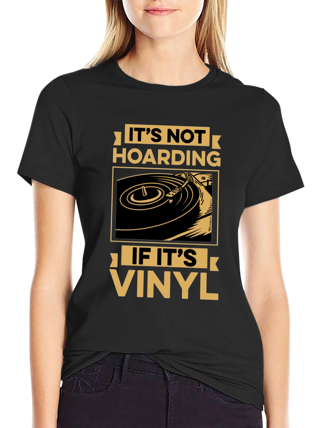 Black It's Not Hoarding If It's Vinyl Record T-Shirt view 2