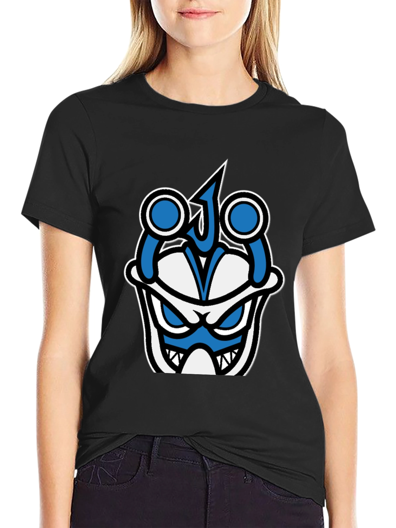 Black Graphic T-Shirt - Blue & White Angry Face view 2