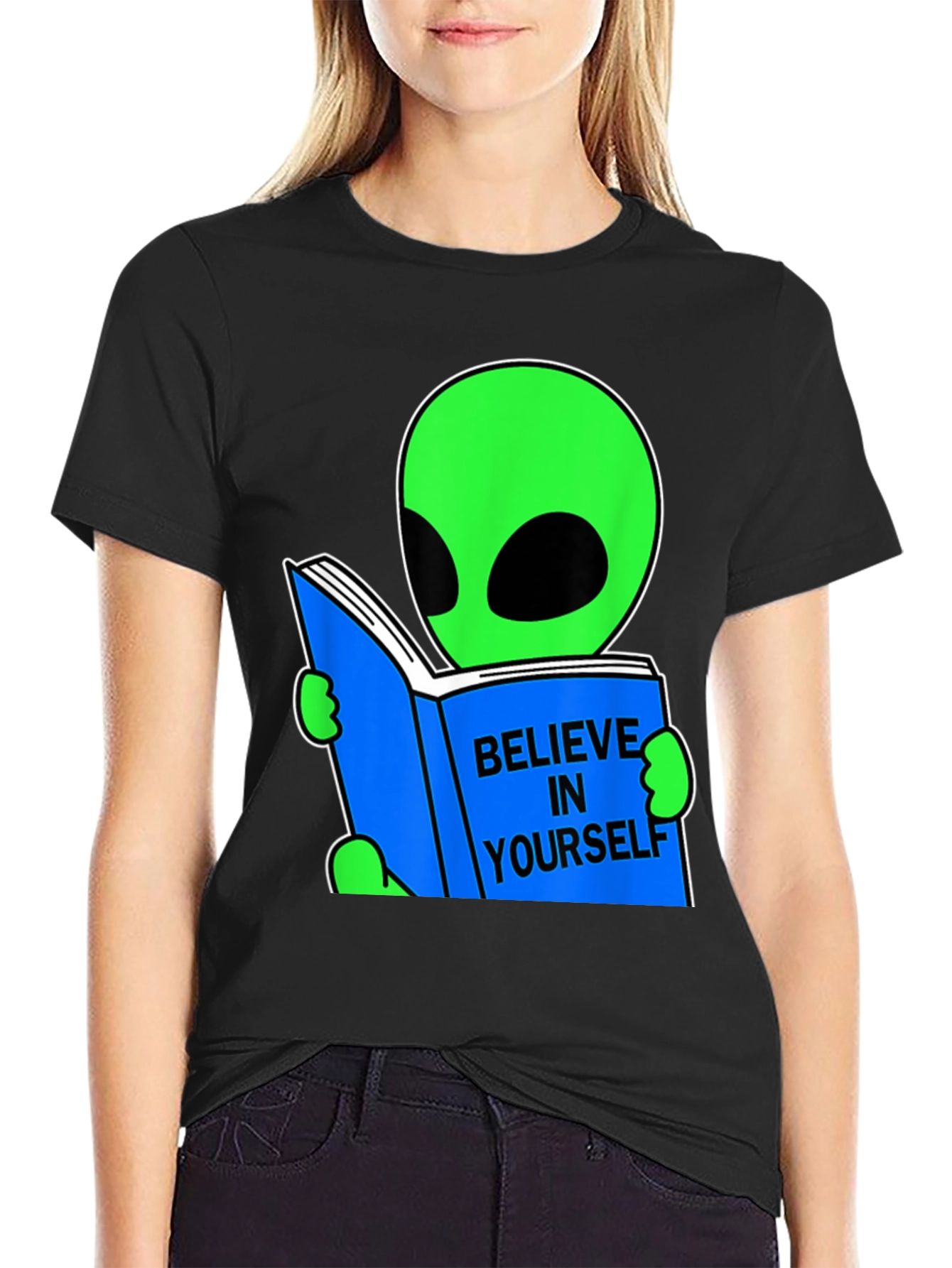 Black Believe Alien Reading Book Graphic Tee view 2