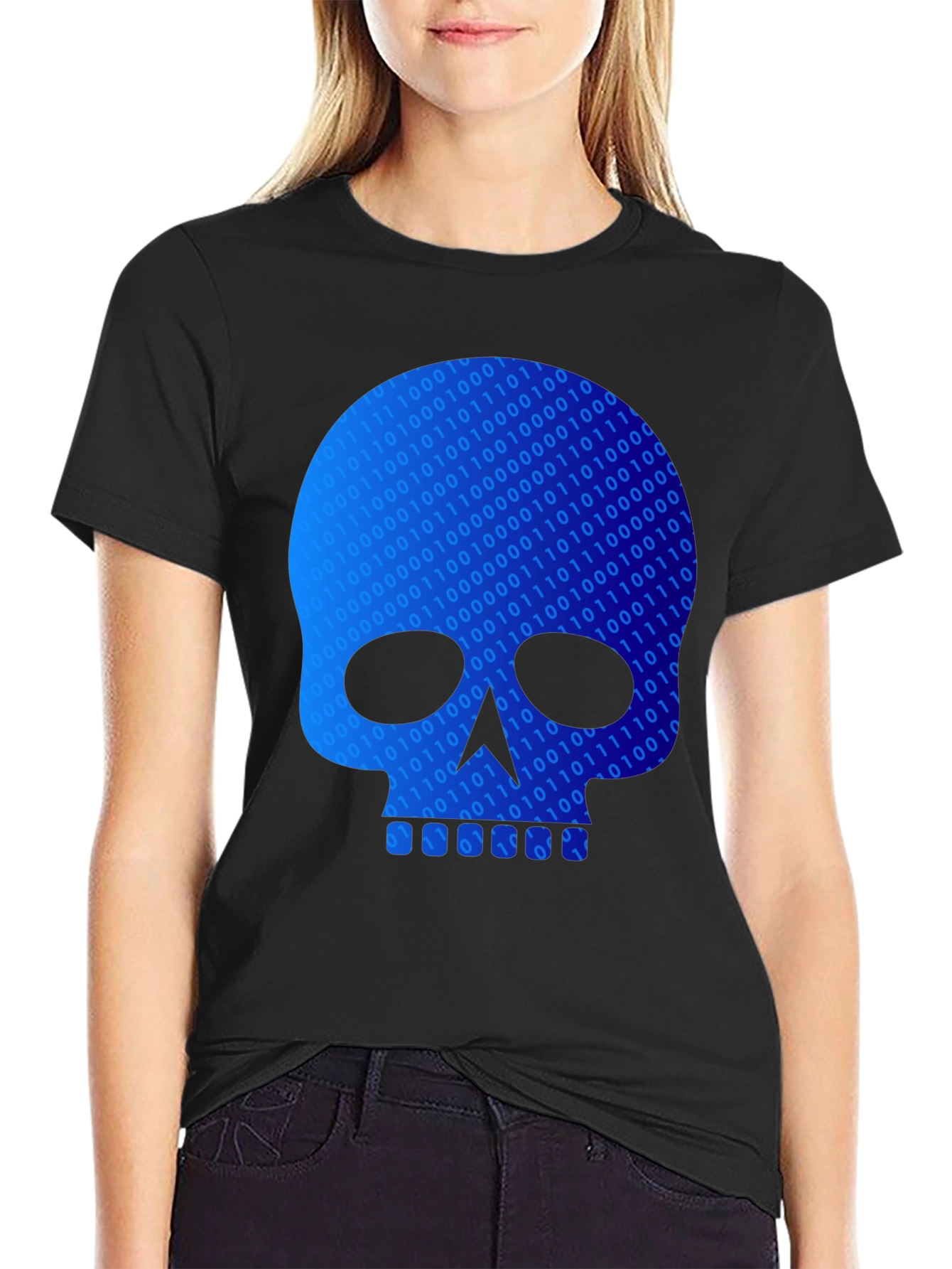 Black Binary Code Skull Graphic T-Shirt - Black view 2