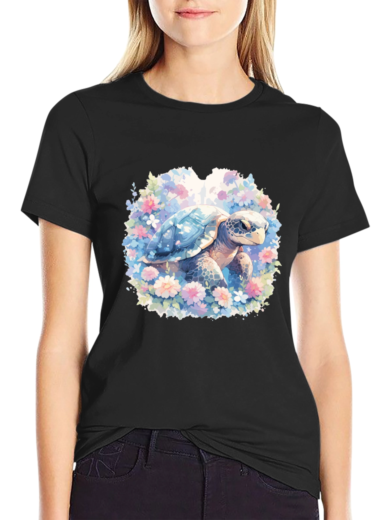 Black Sea Turtle Floral Graphic T-Shirt view 2