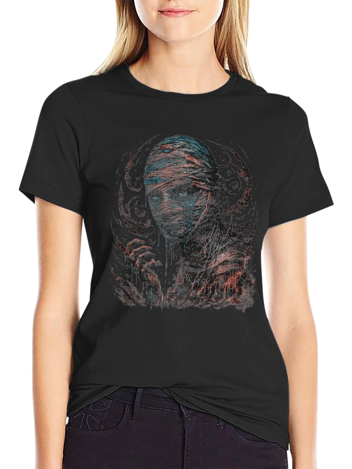 Black Mummy Graphic Print Crew Neck T-Shirt view 2