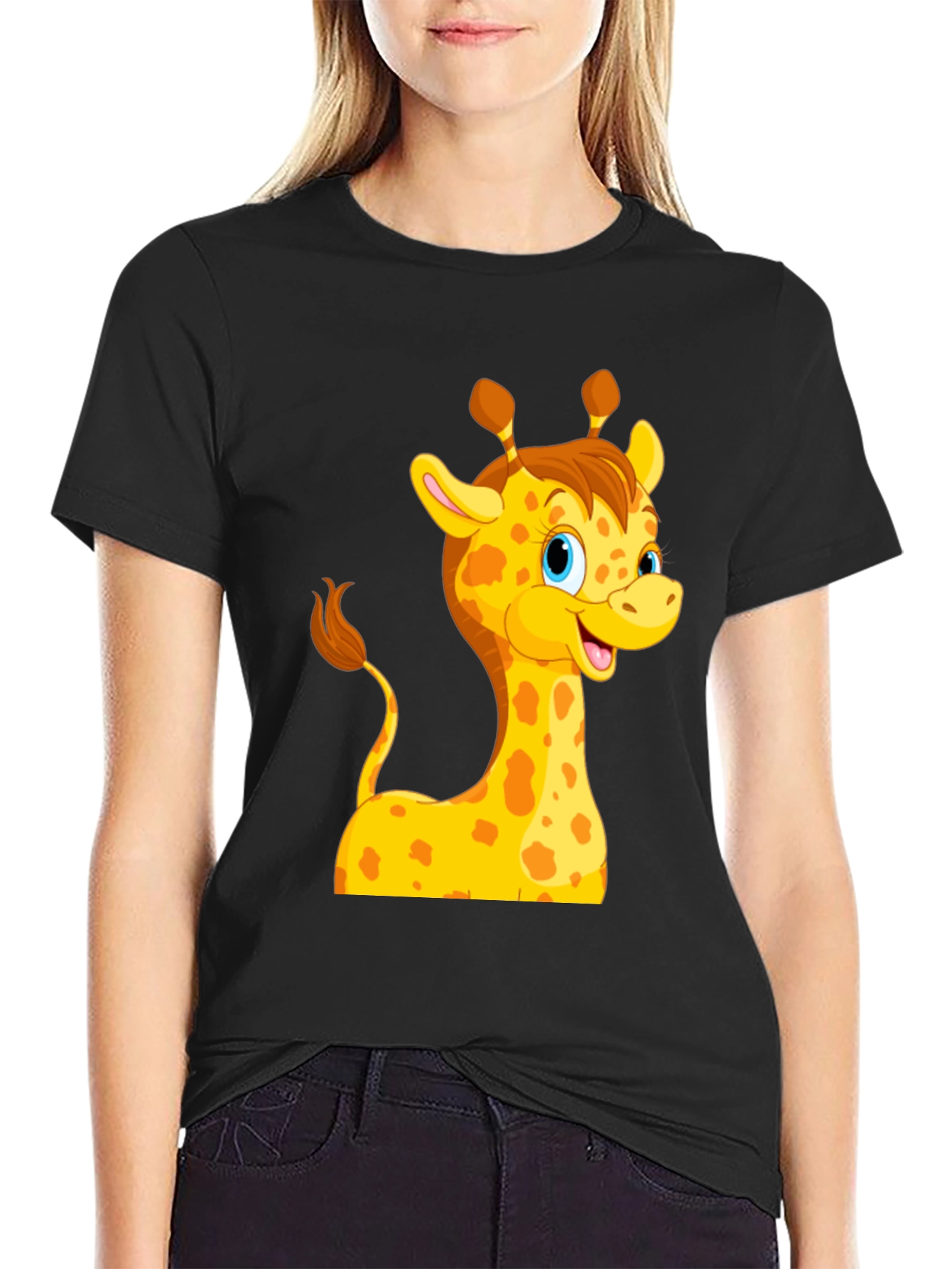 Black Cute Giraffe Cartoon Black T-Shirt view 2