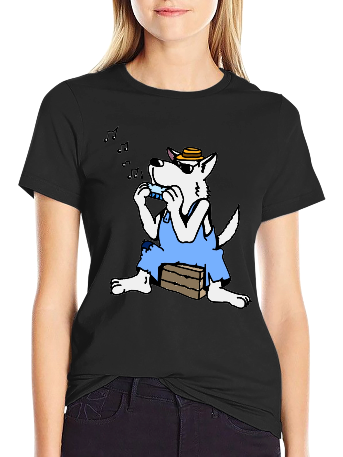 Black Cartoon Wolf Harmonica T-Shirt view 2
