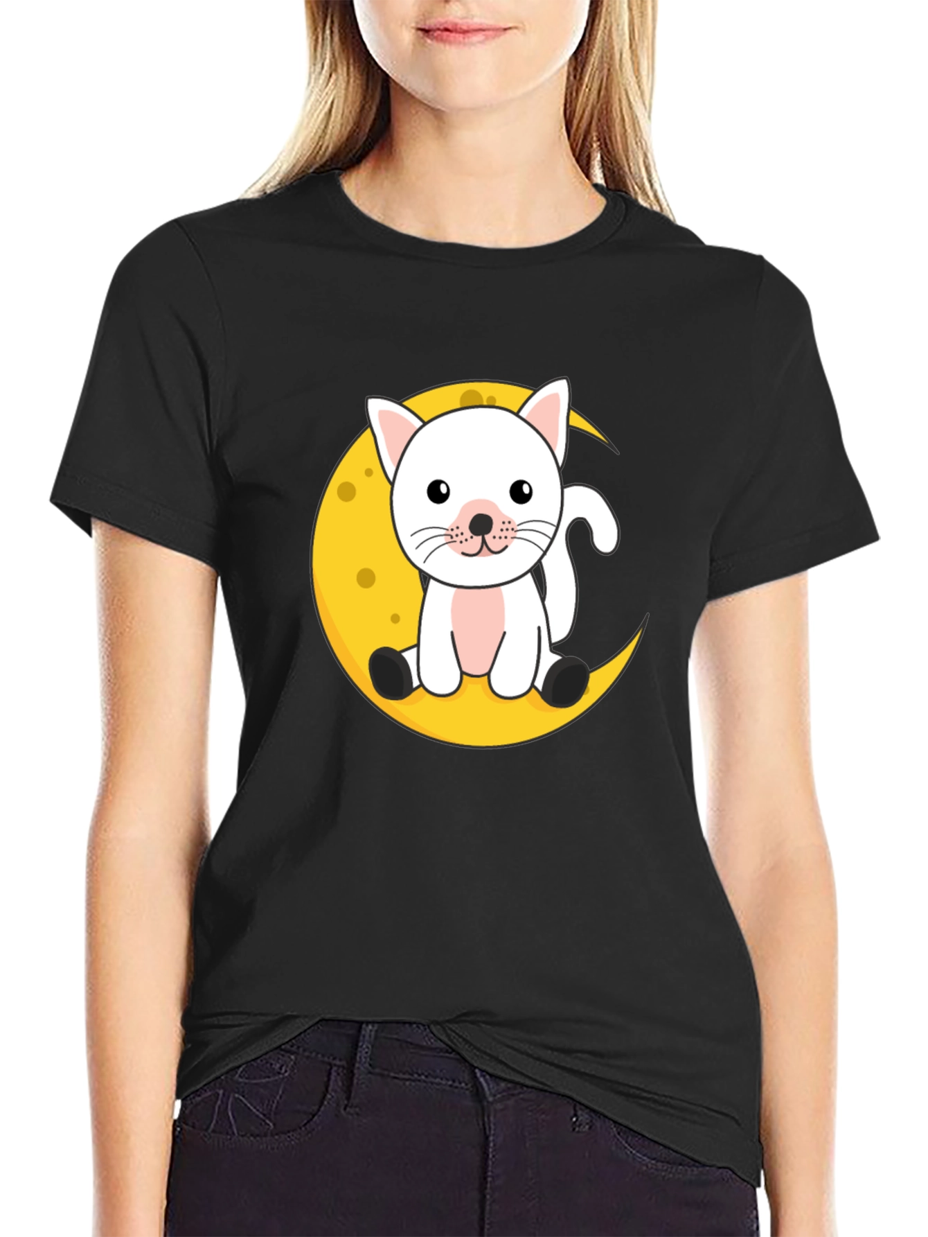 Black Cute Cat on Moon Graphic Black T-Shirt view 2