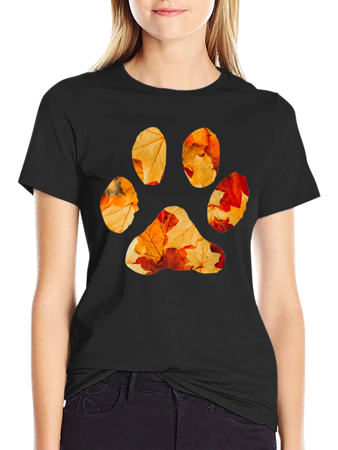 Black Fall Leaves Paw Print Graphic Tee - Black Cotton view 2