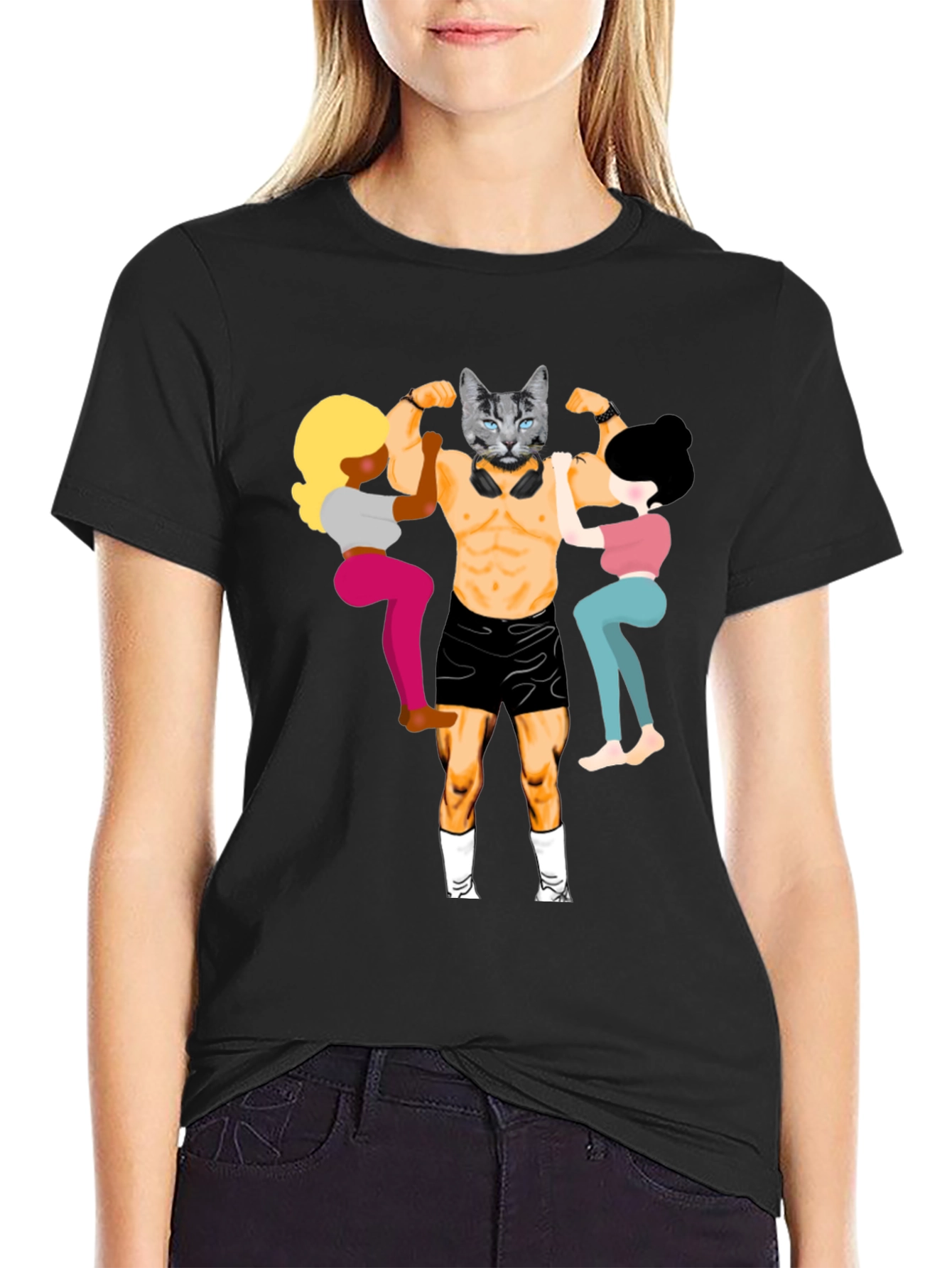 Black Funny Cat Bodybuilder Graphic Tee view 2