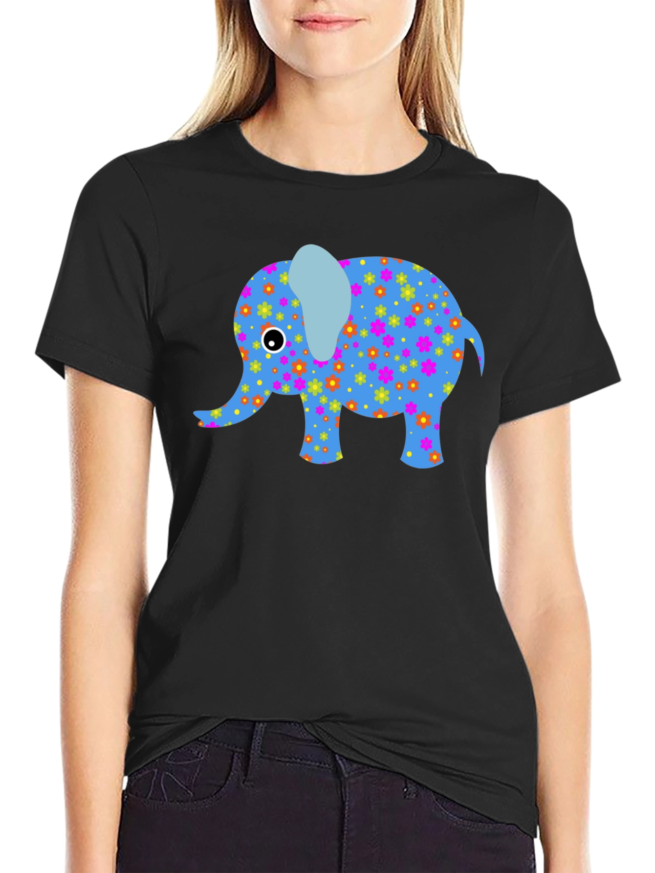 Black Floral Elephant Graphic Tee - Black view 2