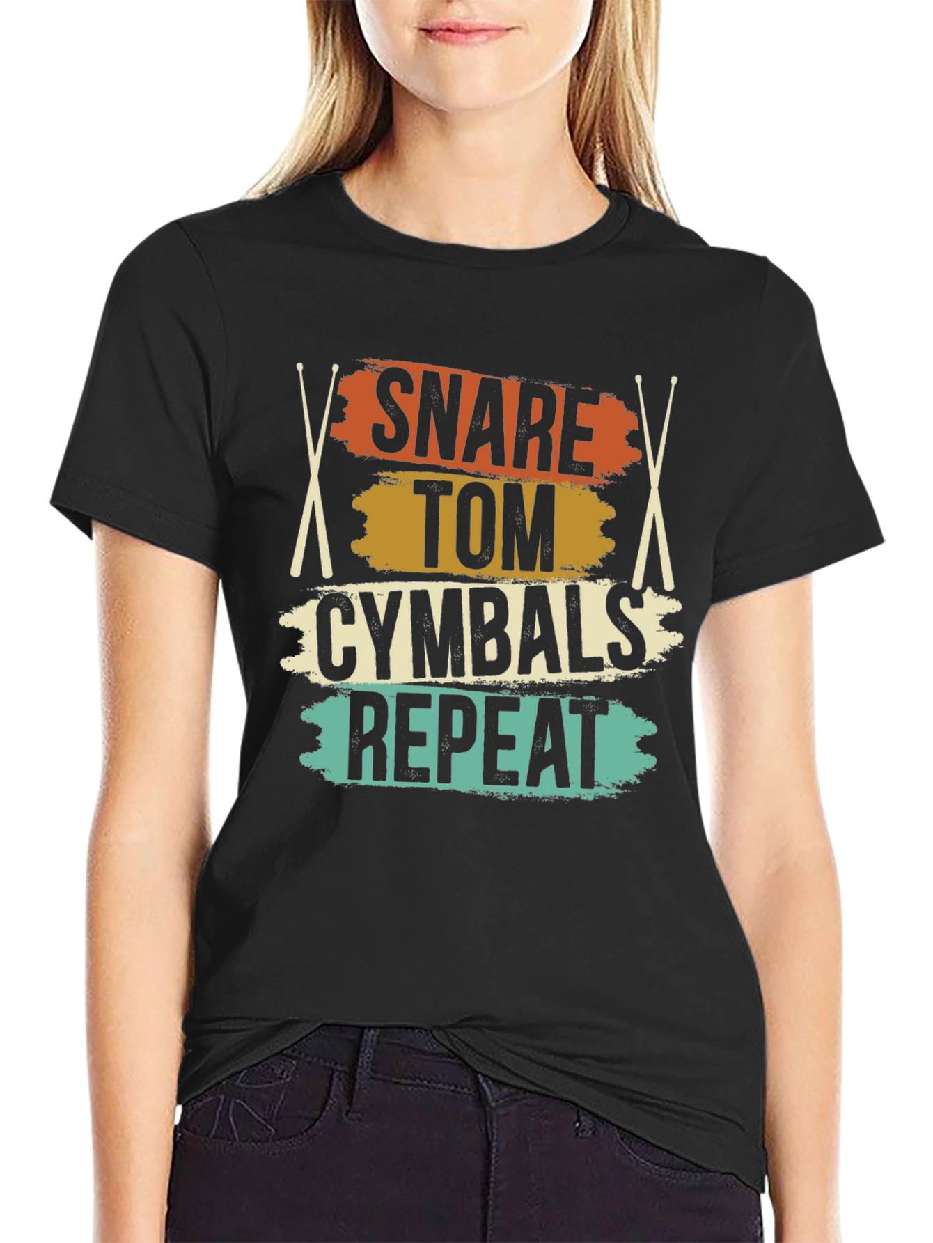 Black Snare Tom Cymbals Repeat Drummer T-Shirt view 2