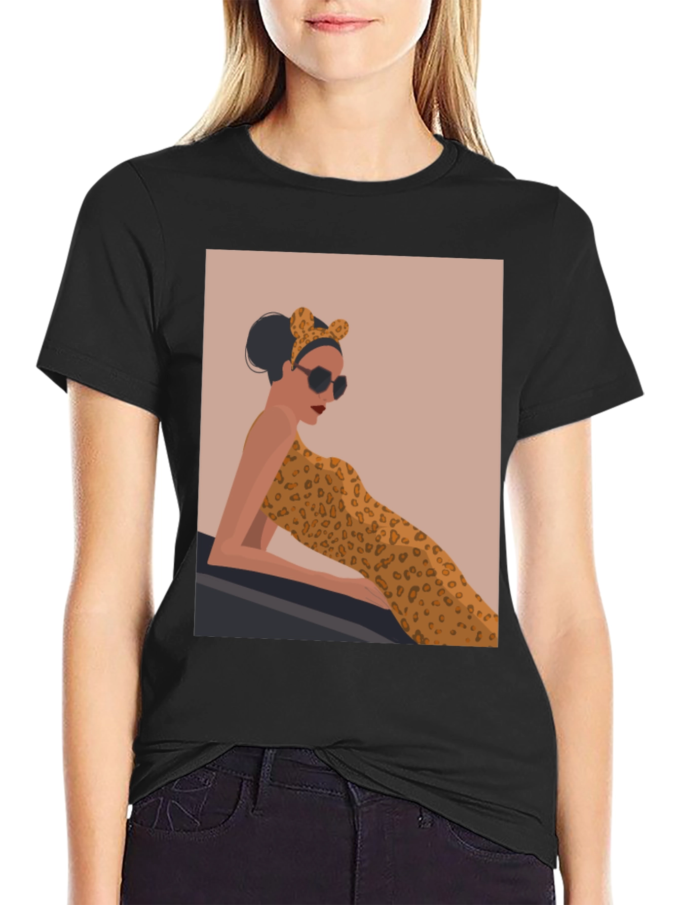 Stylish Black Tee with Leopard Print Woman Graphic - 2