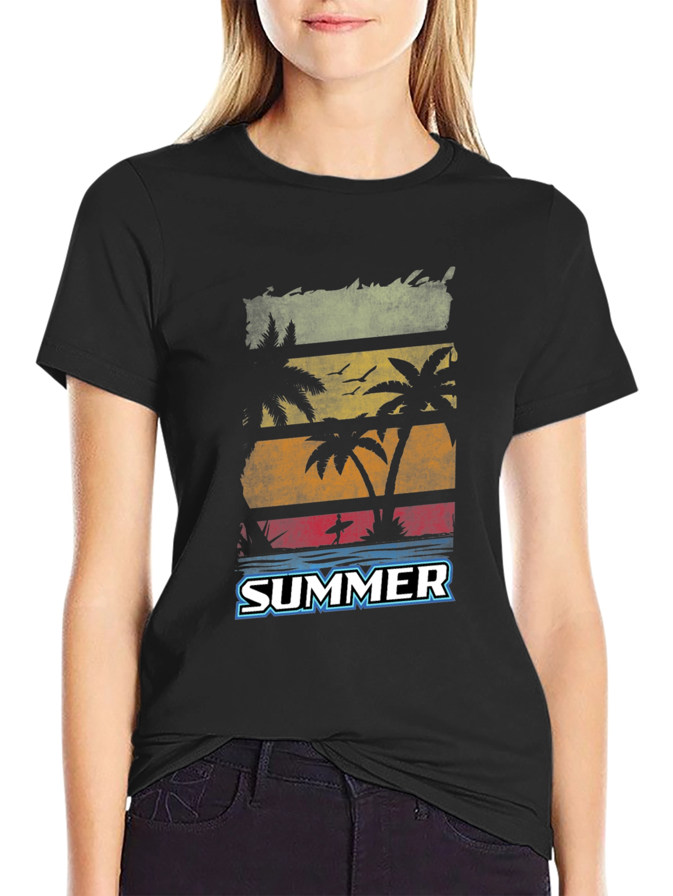Black Summer Palm Tree Graphic Black T-Shirt view 2