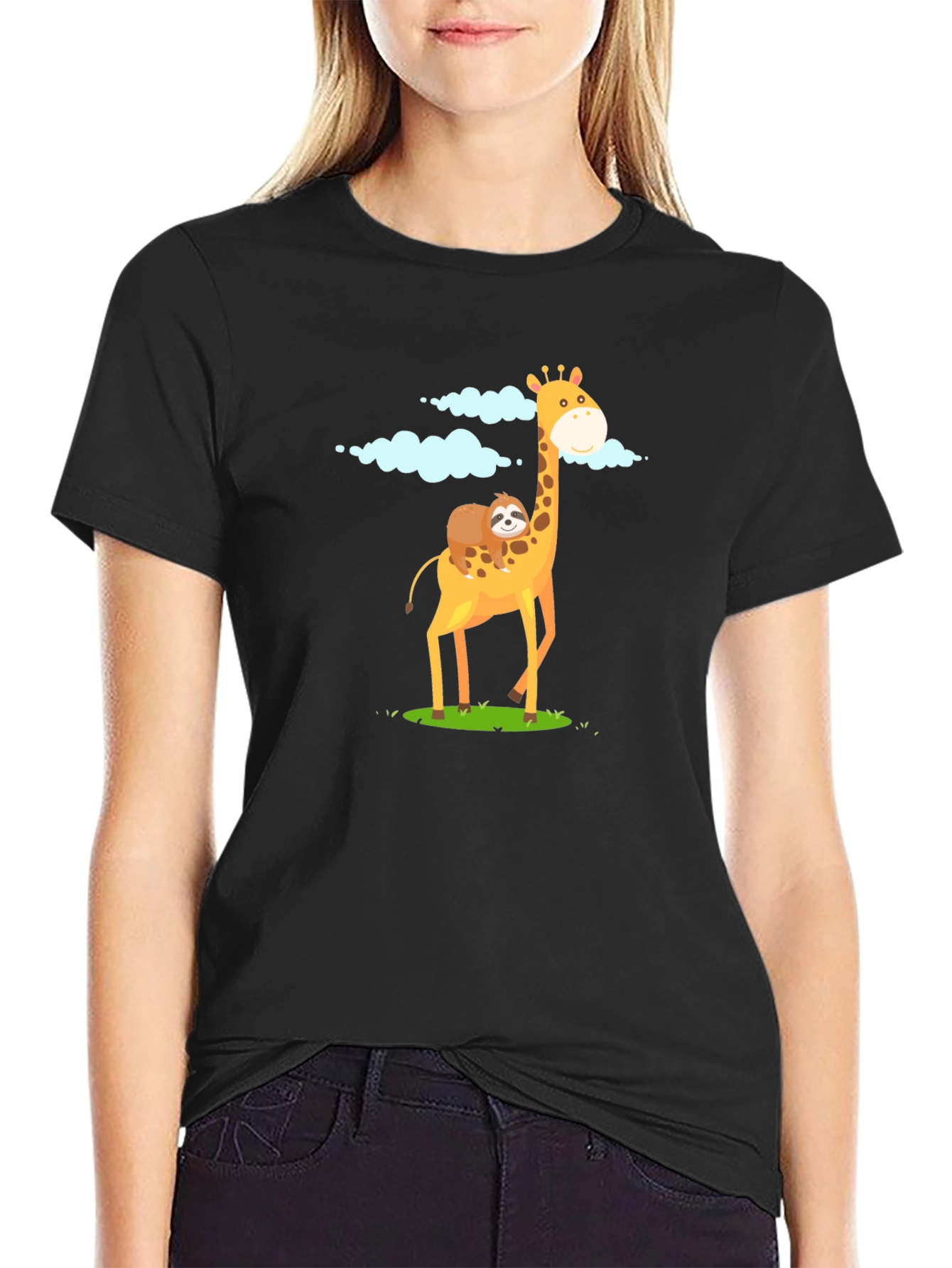 Black Giraffe & Sloth Graphic Tee - Unique Animal Design view 2