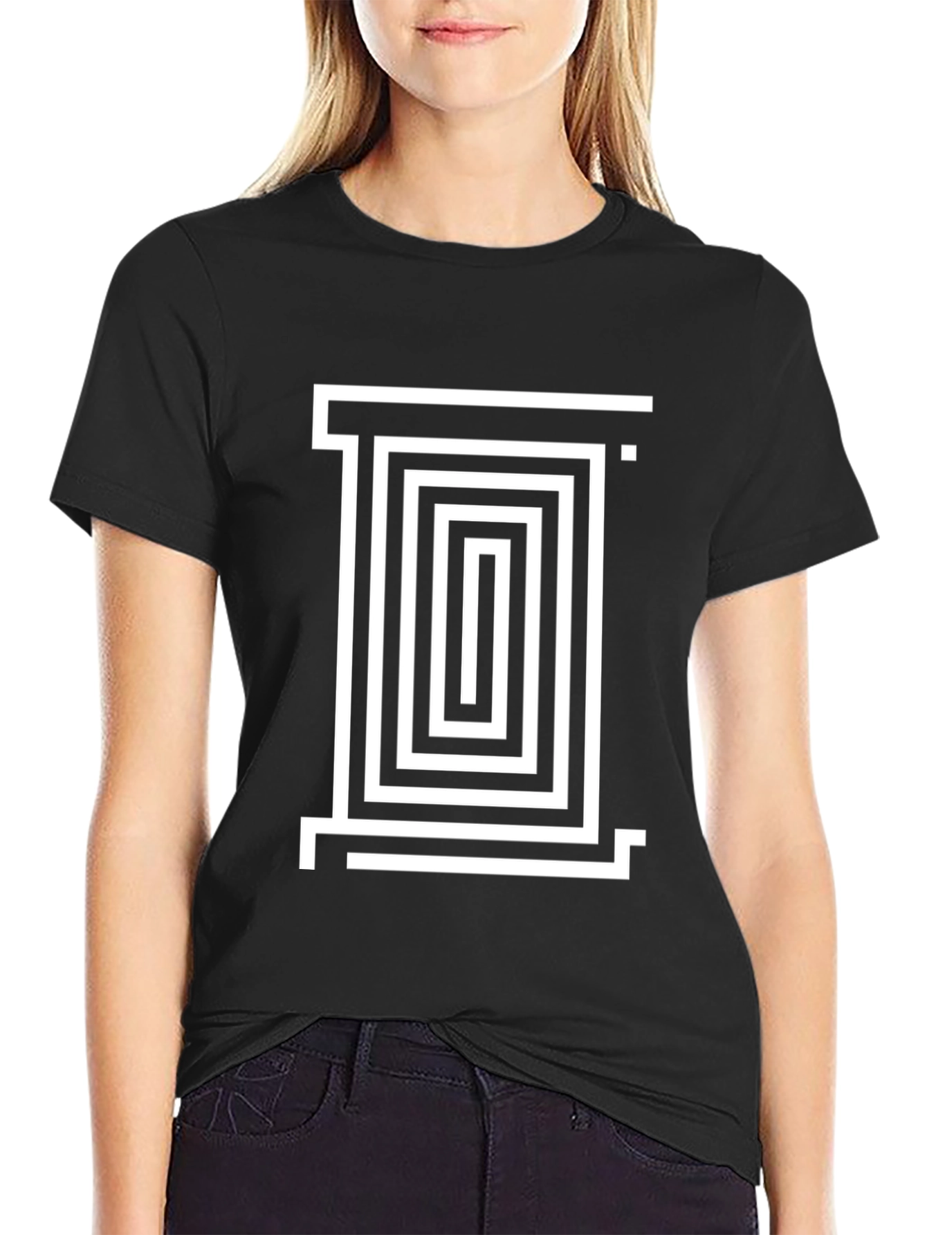 Black Geometric Maze Design Black T-Shirt view 2