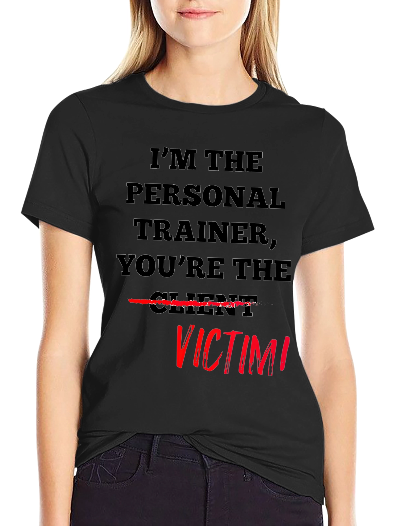 Black Personal Trainer Victim T-Shirt - Funny Workout Tee view 2