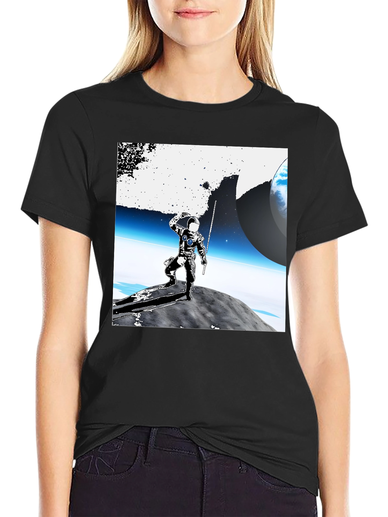 Black Astronaut on Moon Graphic Tee - Black Cotton view 2