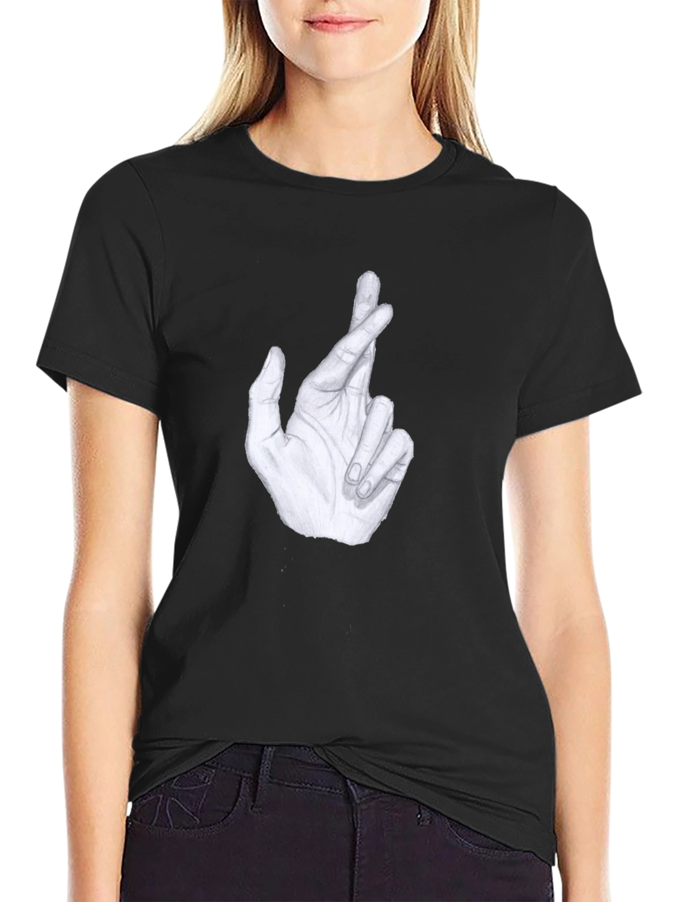 Black Crossed Fingers Graphic Tee - Stylish Men's Black T-Shirt view 2