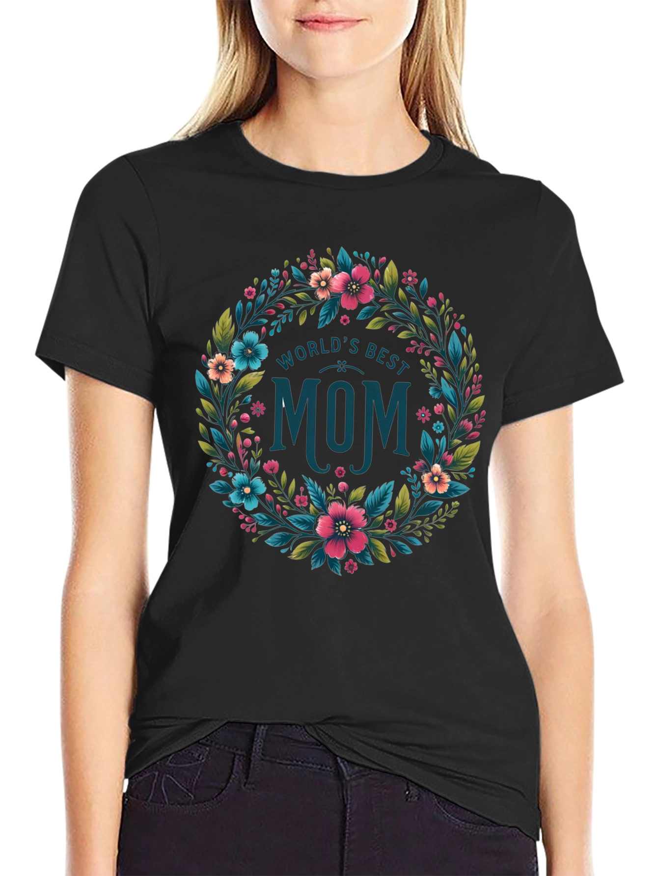 Black World's Best Mom Floral Wreath T-Shirt - Black view 2