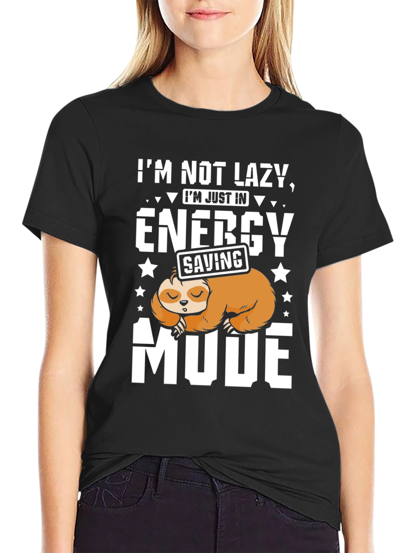 Black Lazy Sloth Energy Saving Mode Graphic T-Shirt view 2