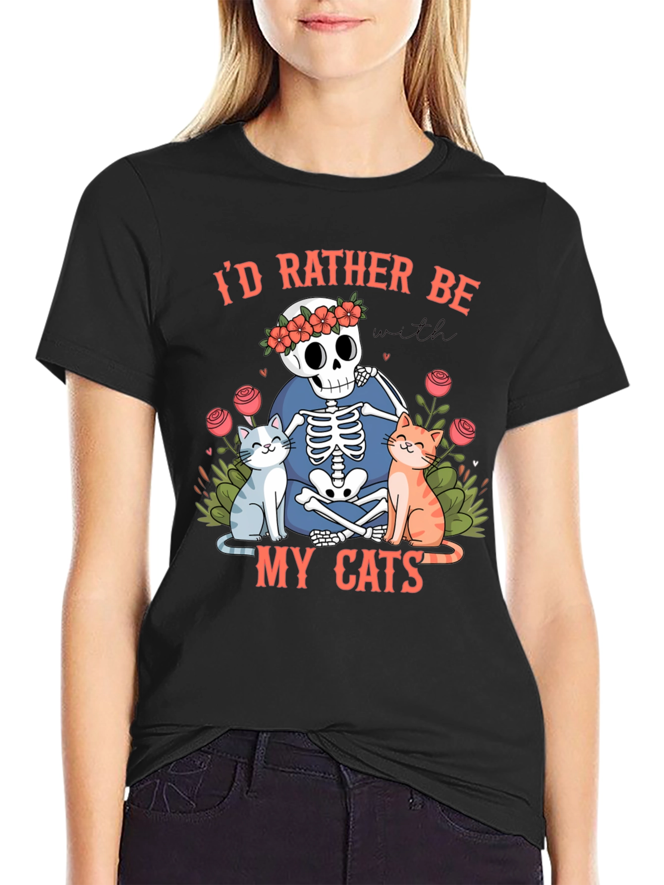 Black Skeleton & Cats Graphic Tee - "I'd Rather Be With My Cats" view 2