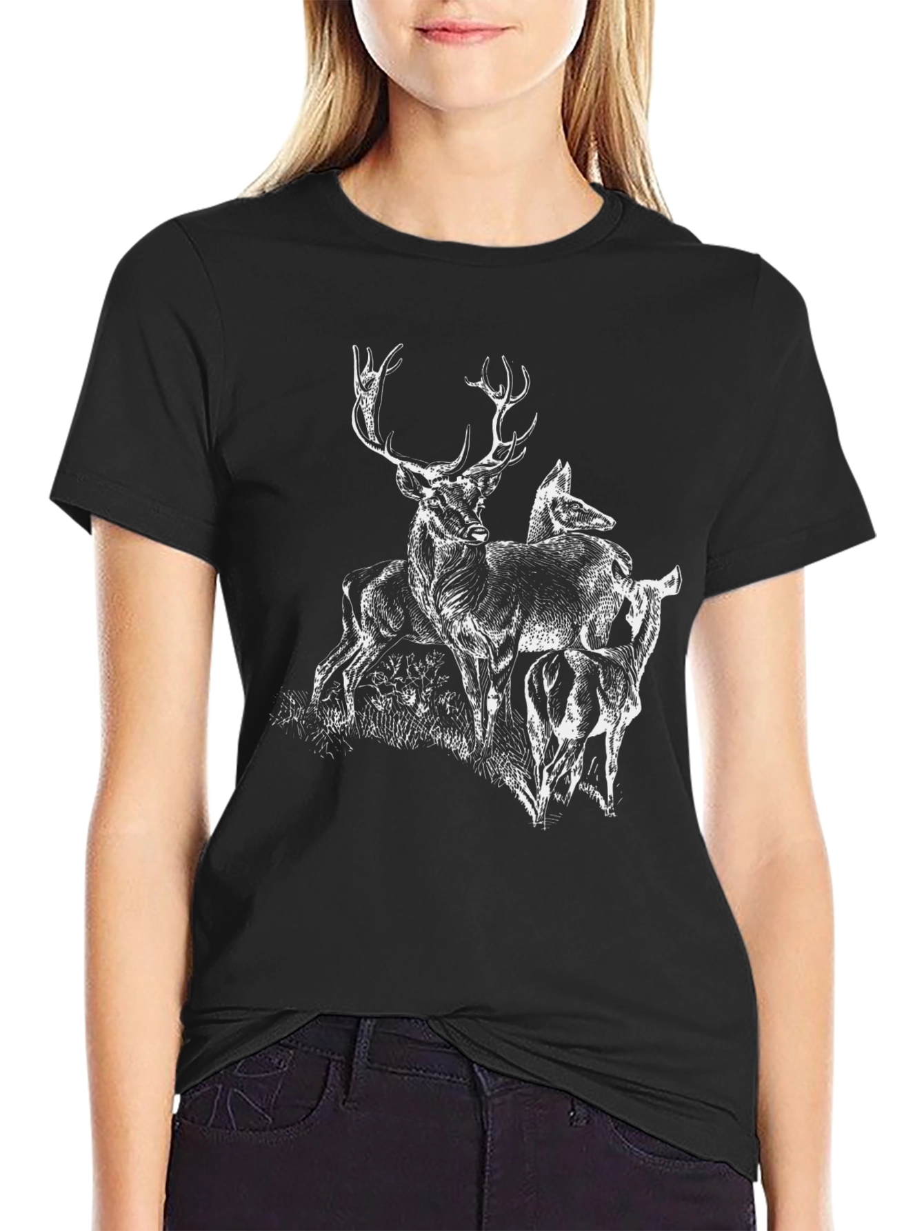 Black Deer Graphic Tee - Black Cotton Blend Casual Top view 2