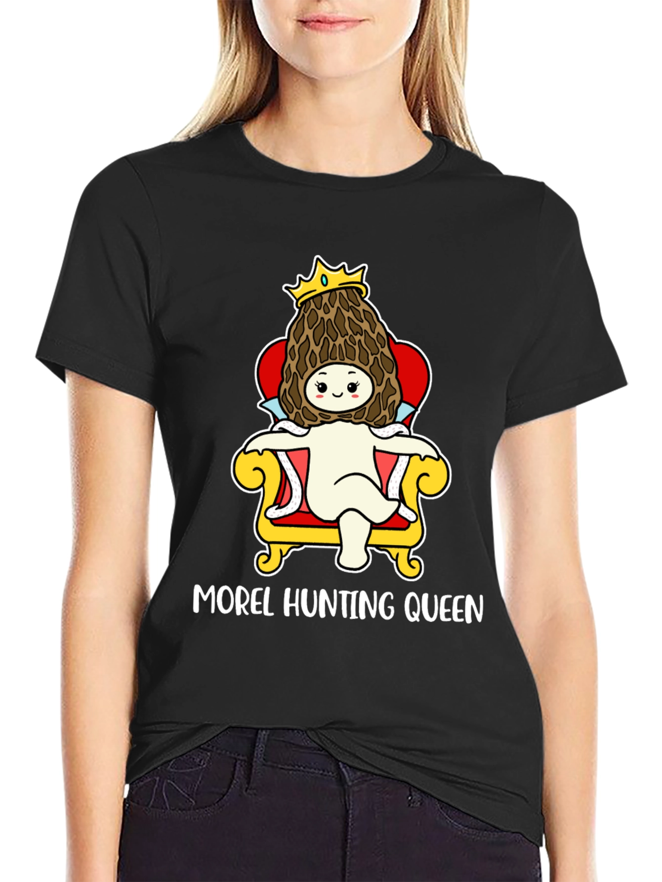 Black Morel Hunting Queen T-Shirt, Mushroom Lover Tee view 2