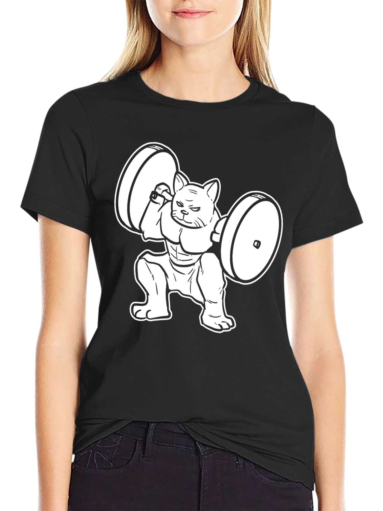 Black Funny Cat Lifting Weights Black T-Shirt view 2