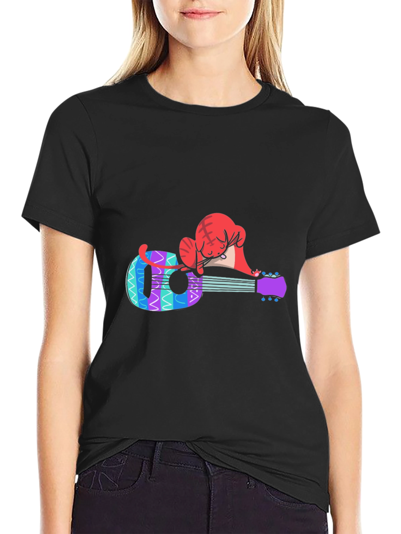 Black Cat Nap Ukulele T-Shirt - Music Lover Tee view 2