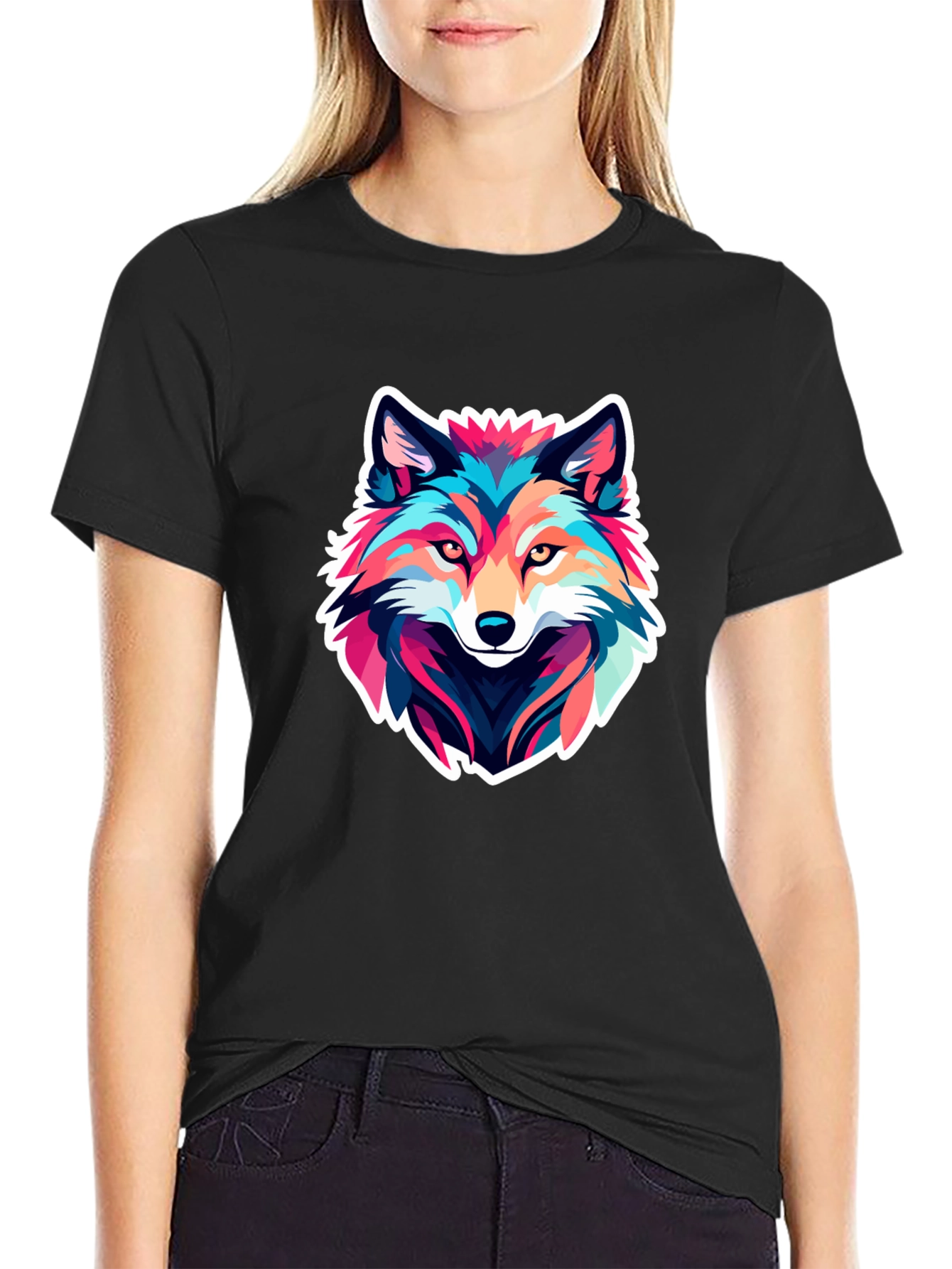 Black Colorful Wolf Graphic Black T-Shirt view 2