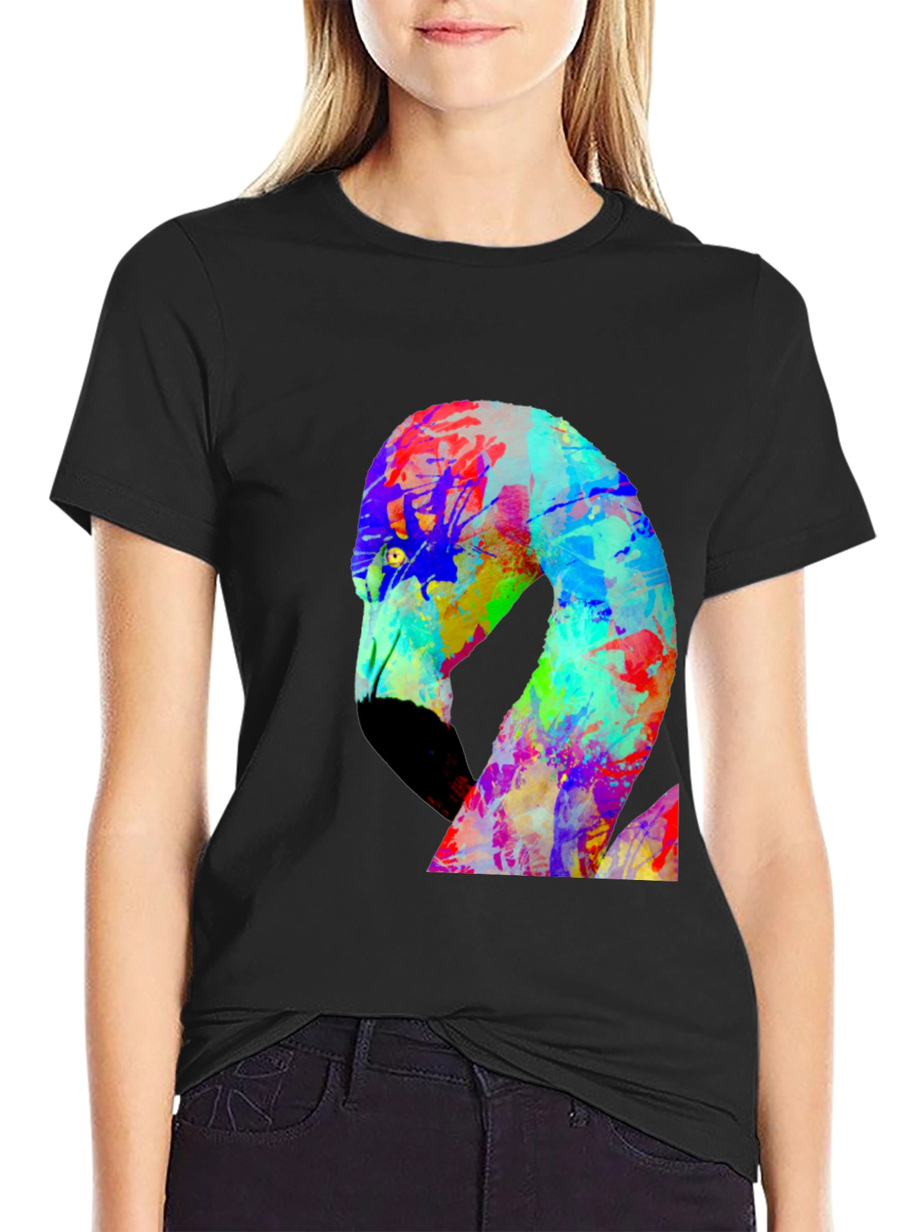 Black Colorful Flamingo Graphic Black Tee Shirt view 2