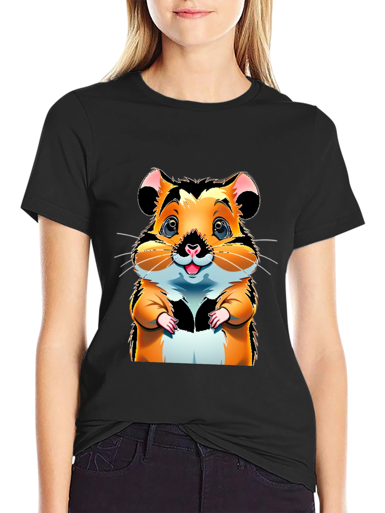 Black Cute Hamster Cartoon Graphic Tee view 2