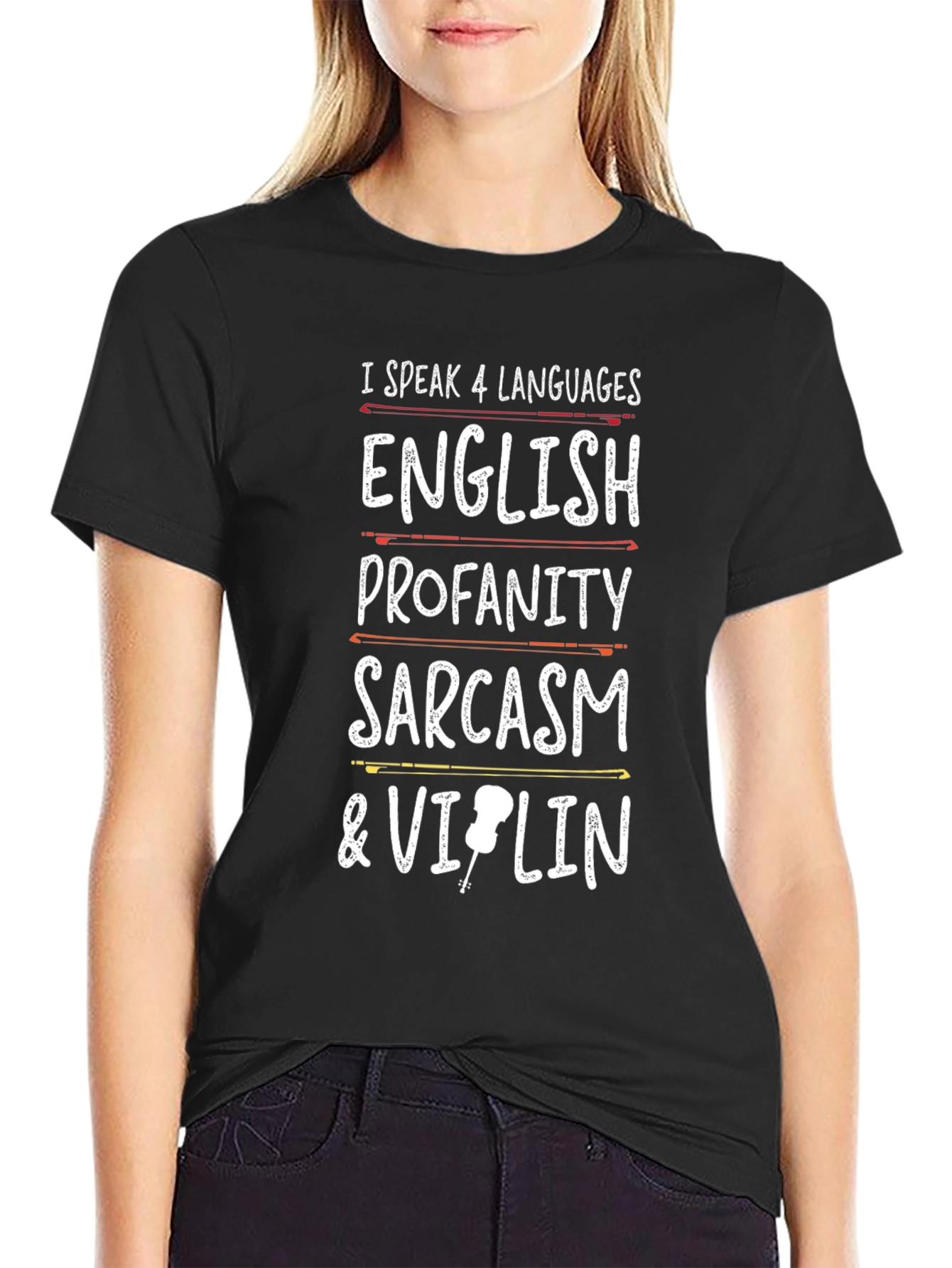 Black I Speak 4 Languages Funny Music T-Shirt view 2
