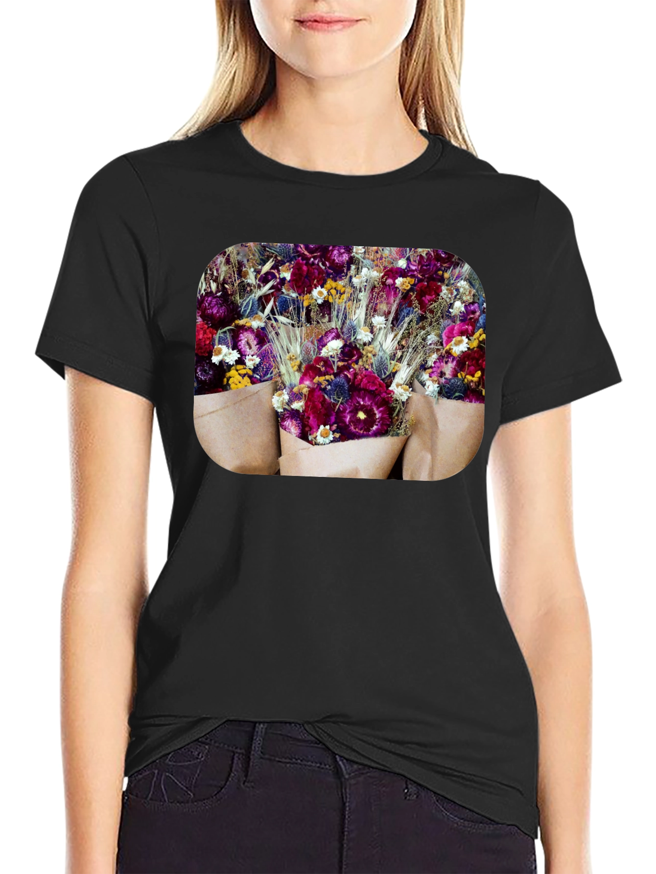 Black Floral Bouquet Graphic Print Black T-Shirt view 2