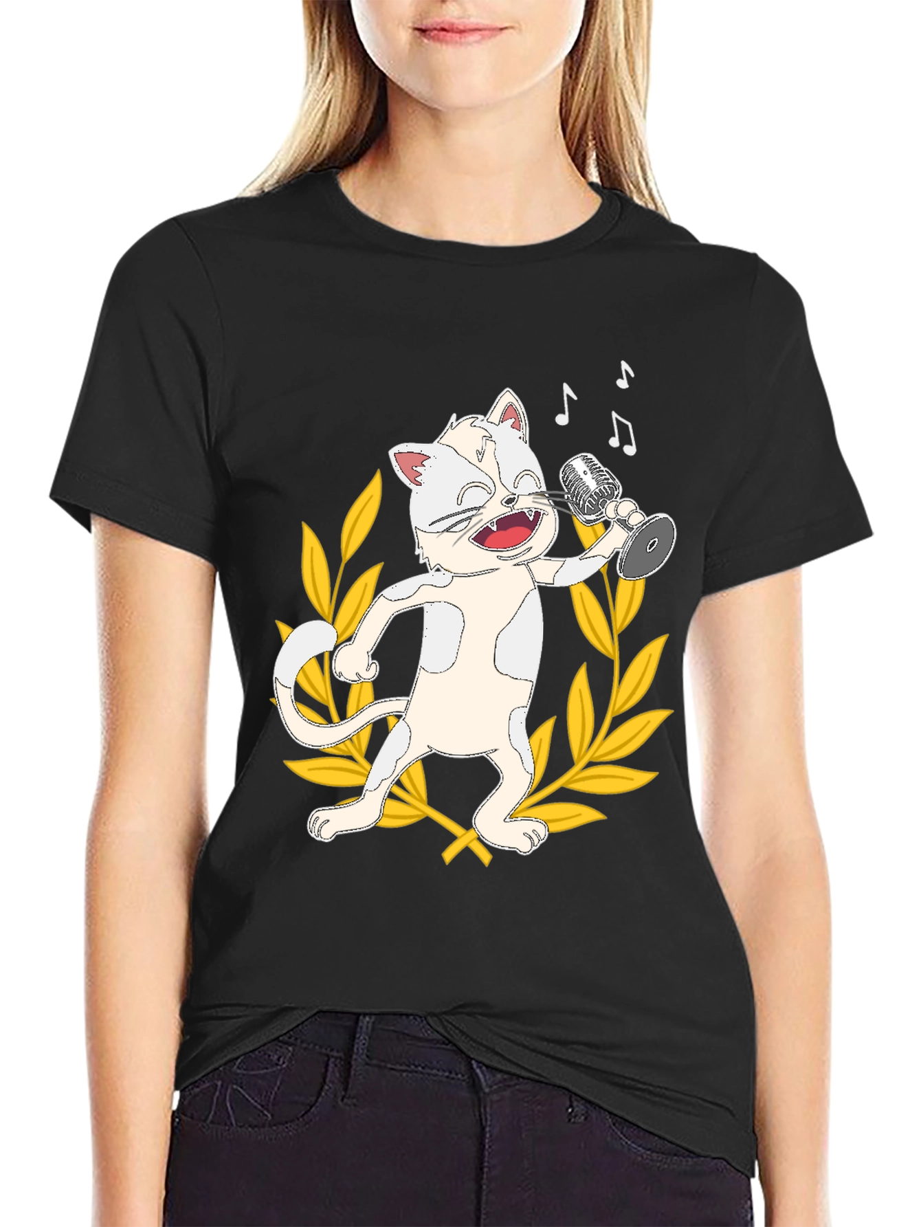 Black Singing Cat Graphic Tee - Black Cotton T-Shirt view 2