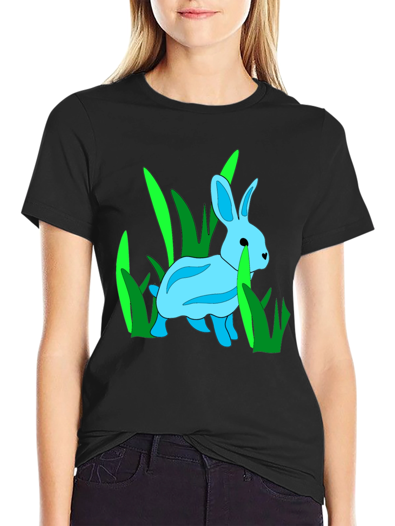 Black Rabbit in Grass Graphic Tee - Black Cotton Blend T-Shirt view 2