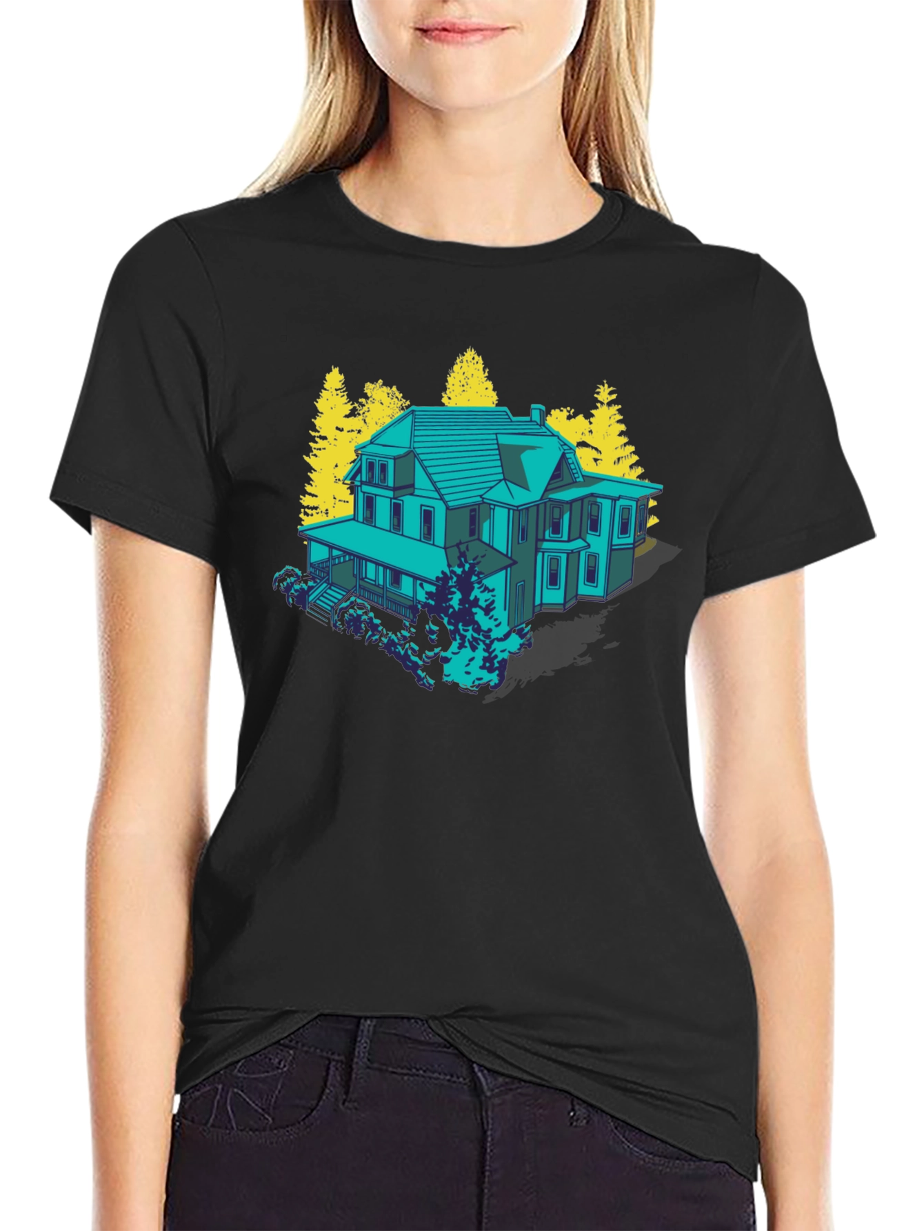 Black Haunted House Graphic Tee - Novelty T-Shirt view 2