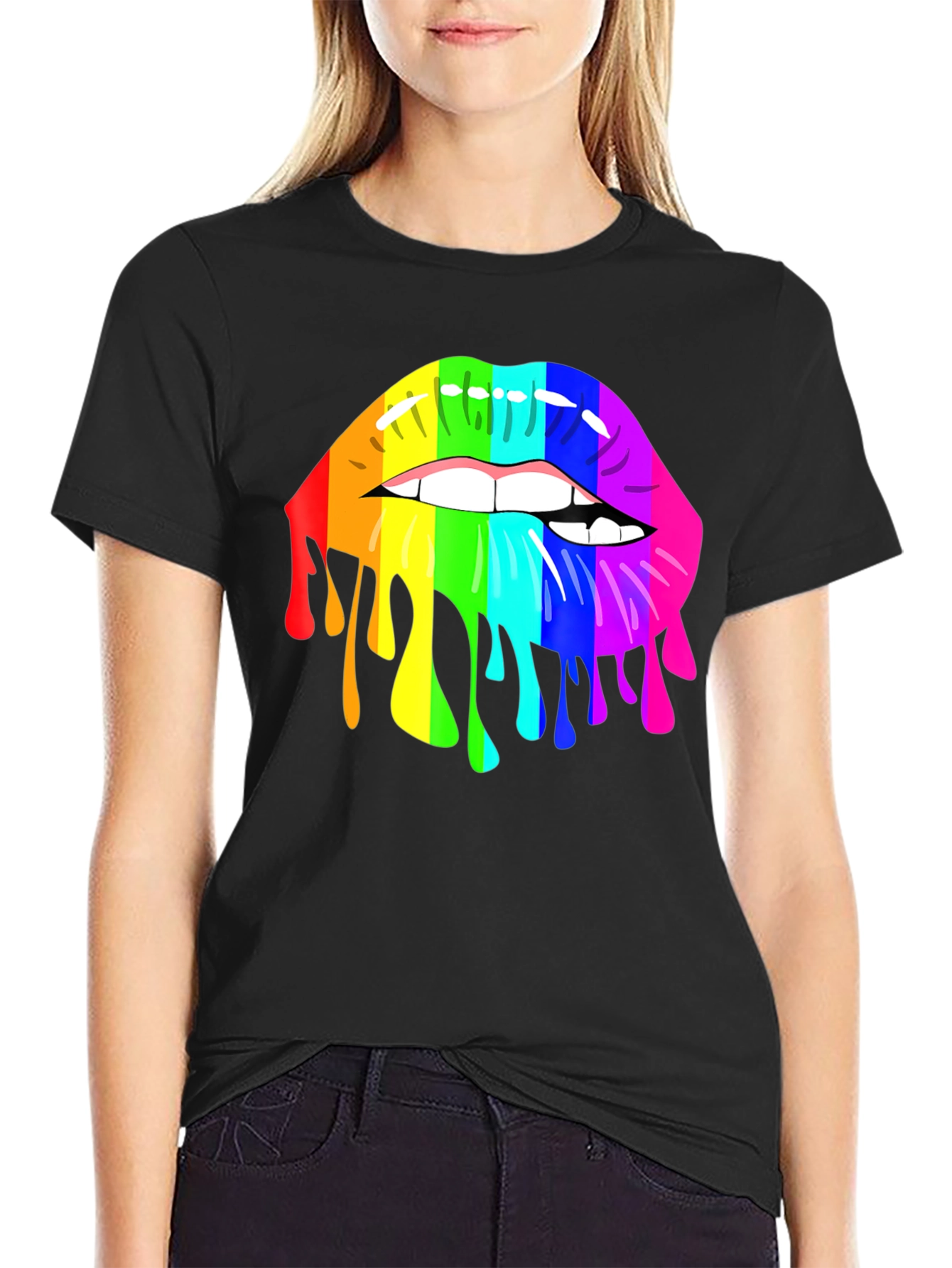 Black Rainbow Lips Graphic T-Shirt - Unisex Black Tee view 2