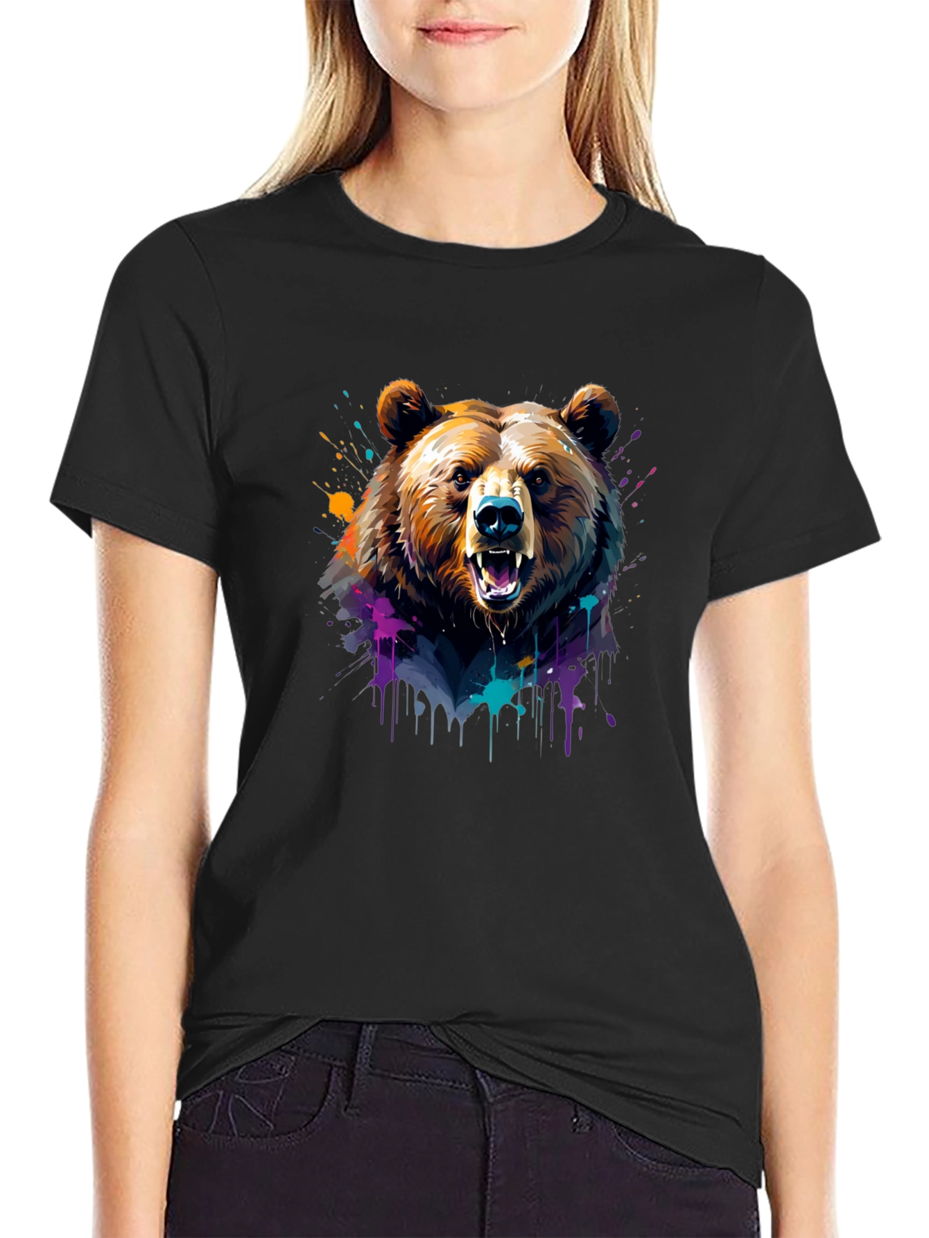 Black Bear Graphic Tee - Colorful Animal Print Shirt view 2